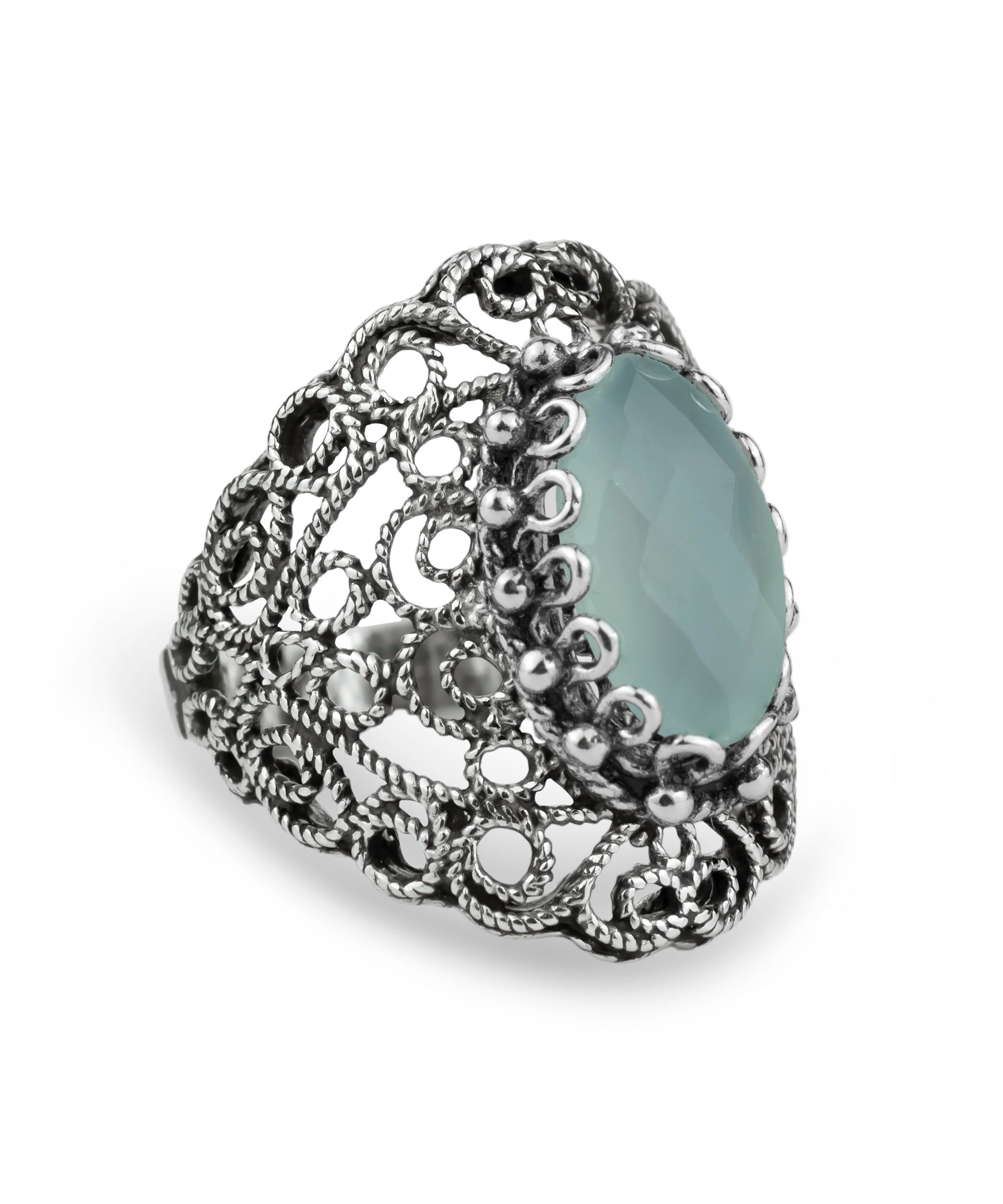 Handmade silver statement ring featuring aqua chalcedony gemstone in intricate filigree lace design.