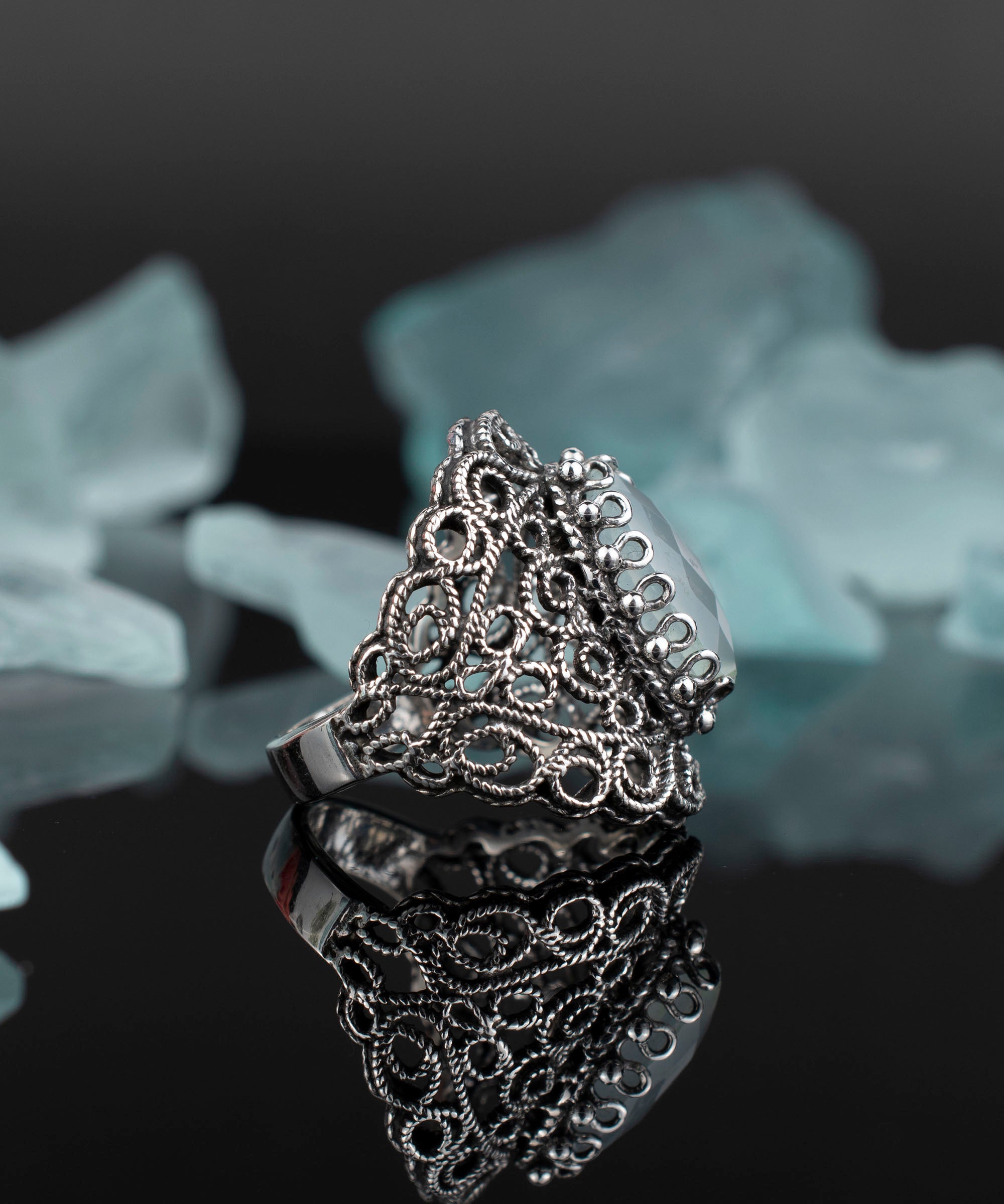 Handmade silver statement ring featuring aqua chalcedony gemstone in intricate filigree lace design.