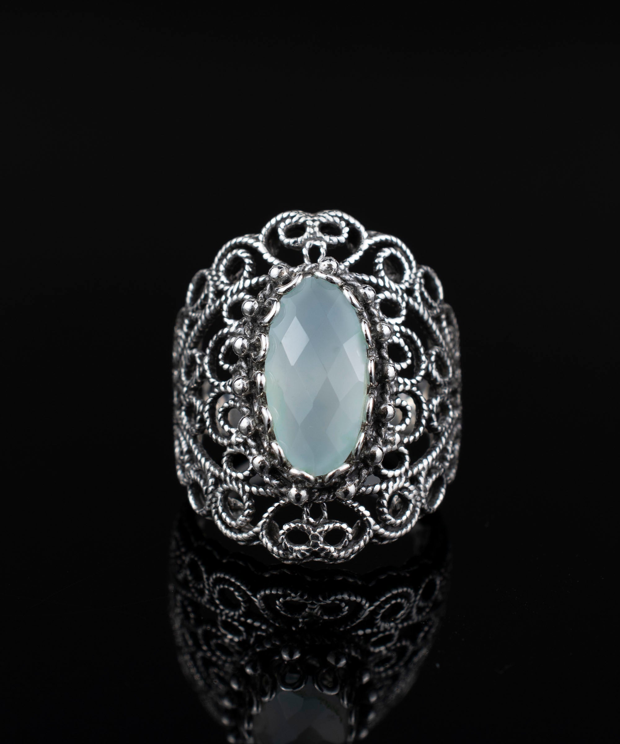 Handmade silver statement ring featuring aqua chalcedony gemstone in intricate filigree lace design.