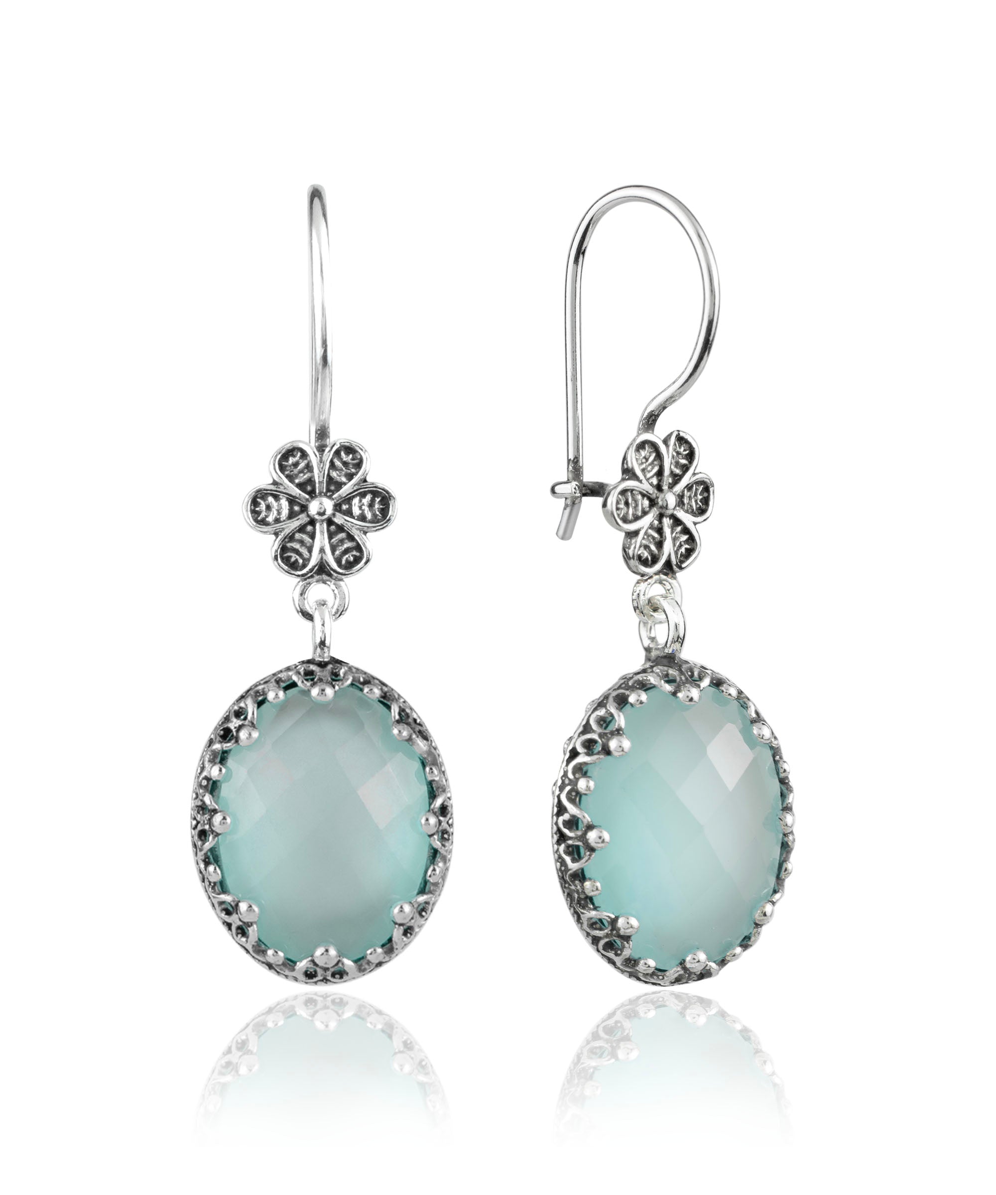 Elegant 925 sterling silver dangle earrings featuring aqua chalcedony and intricate filigree art design.