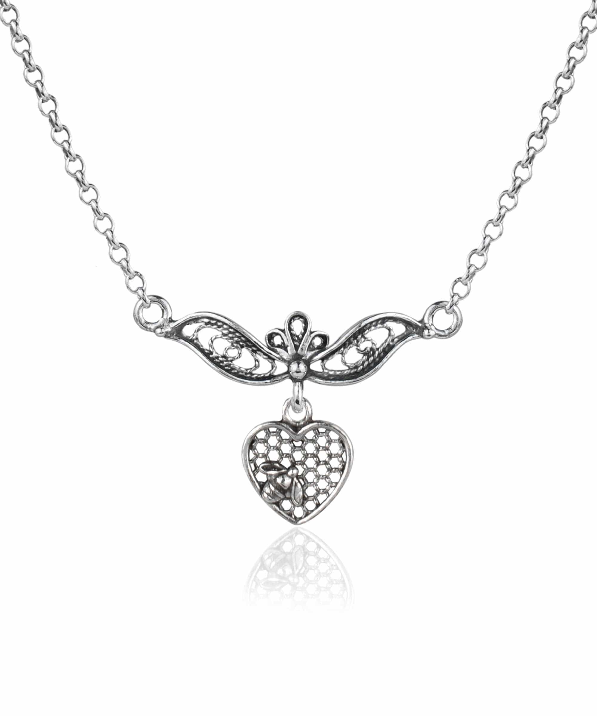 Elegant 925 sterling silver choker necklace featuring a filigree art design of a bee on a heart, showcasing intricate craftsmanship.