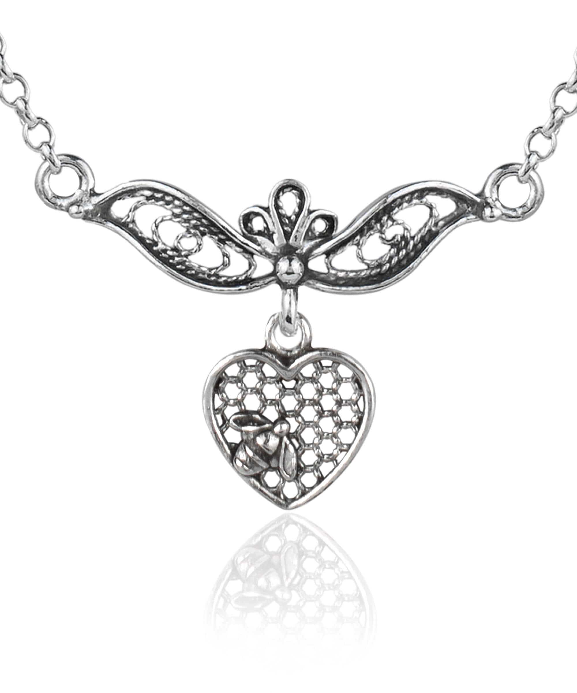 Elegant 925 sterling silver choker necklace featuring a filigree art design of a bee on a heart, showcasing intricate craftsmanship.