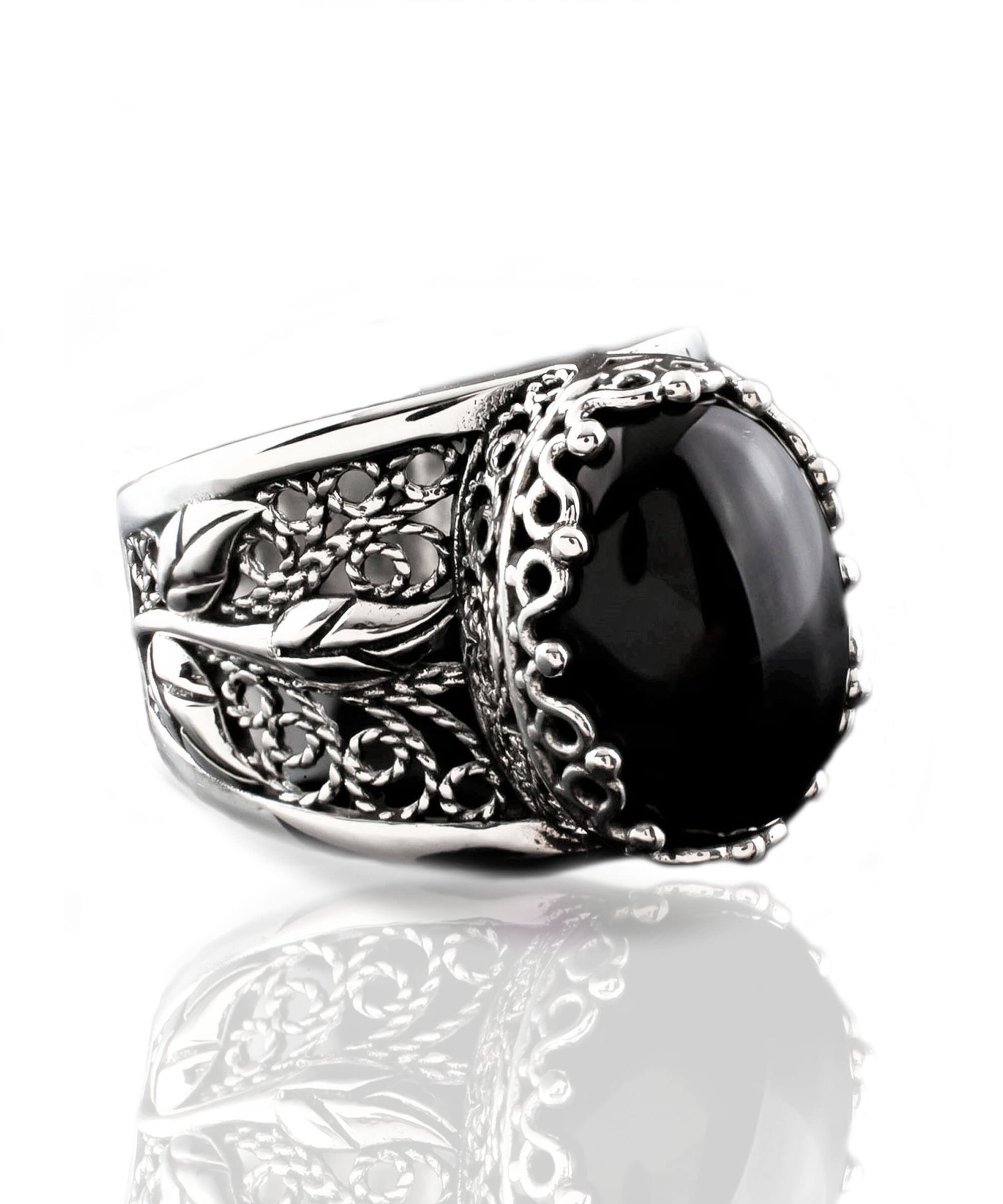 Elegant Filigree Art Black Onyx Gemstone Tulip Detailed Silver Women Statement Ring with intricate design and polished finish.