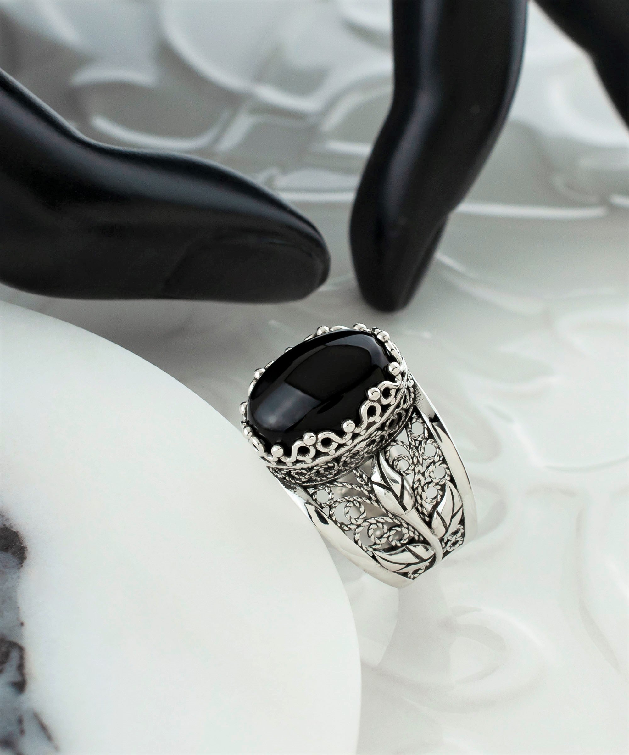 Elegant Filigree Art Black Onyx Gemstone Tulip Detailed Silver Women Statement Ring with intricate design and polished finish.