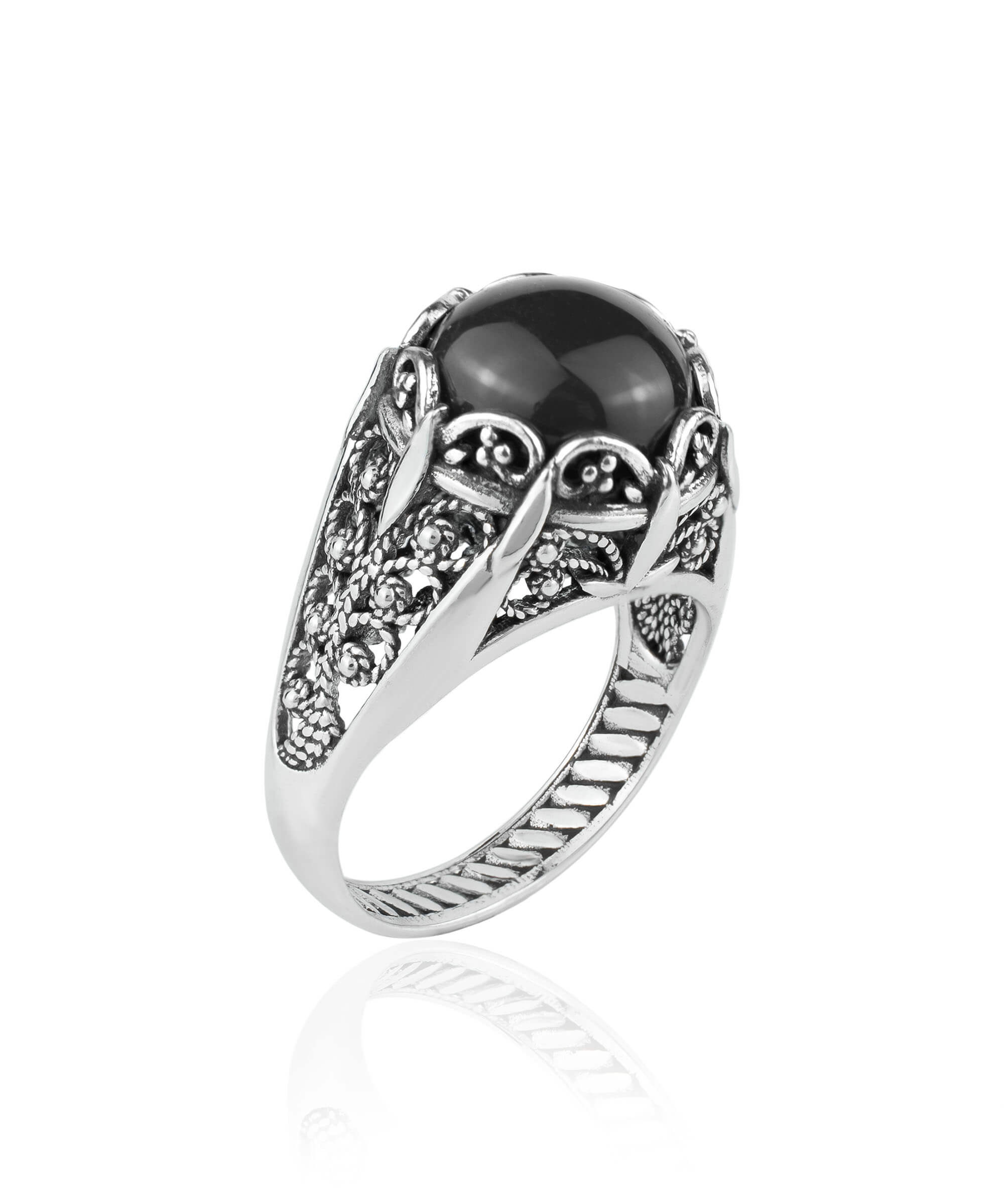 Elegant Filigree Art Black Onyx Gemstone Silver Cocktail Ring with intricate design and polished finish.