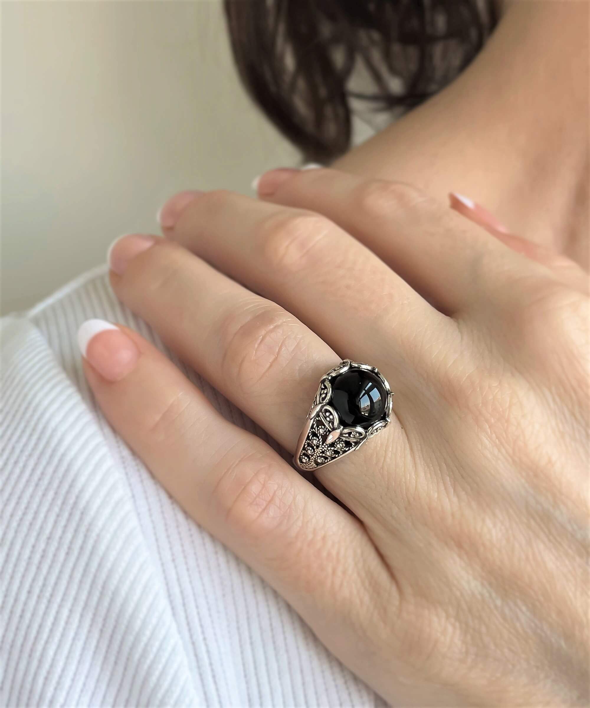 Elegant Filigree Art Black Onyx Gemstone Silver Cocktail Ring with intricate design and polished finish.