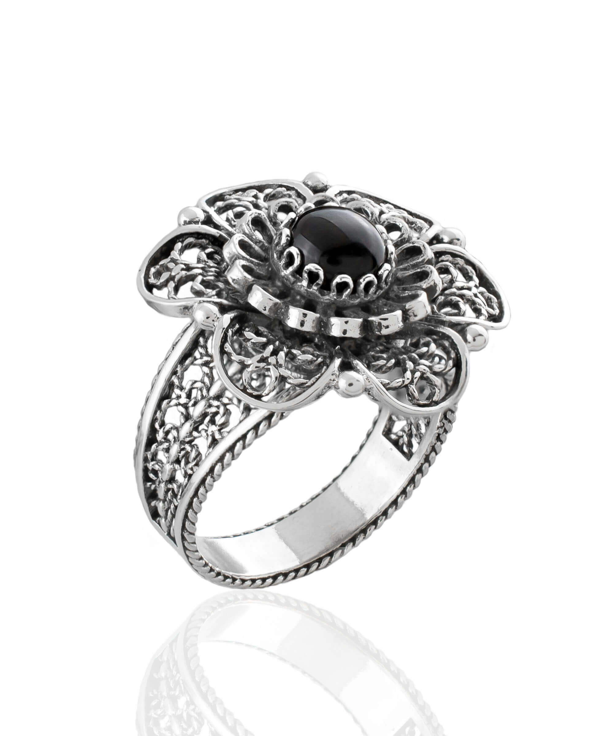 Elegant Filigree Art Black Onyx Gemstone Women Silver Statement Ring featuring a lace flower design and a polished finish.