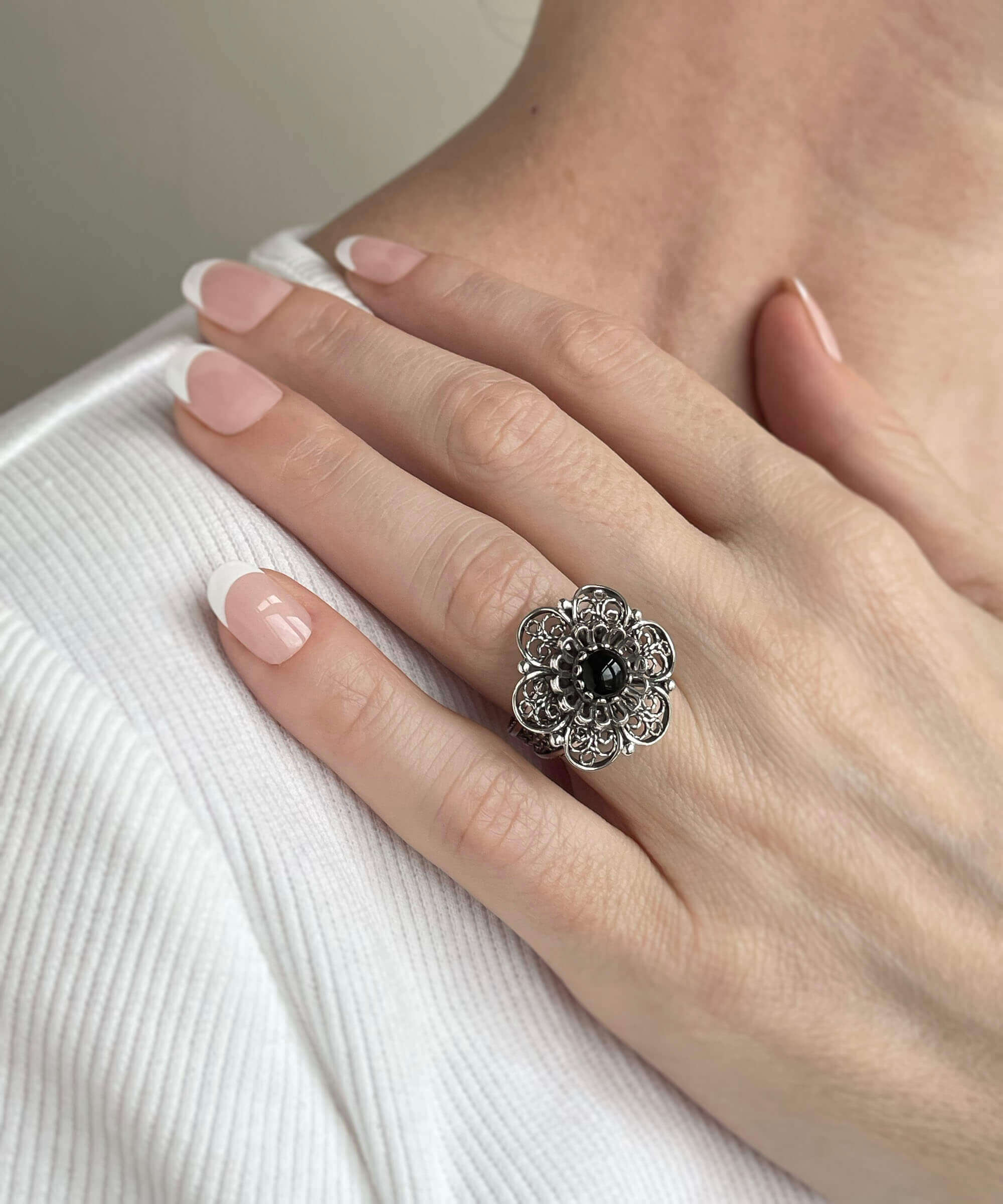 Elegant Filigree Art Black Onyx Gemstone Women Silver Statement Ring featuring a lace flower design and a polished finish.