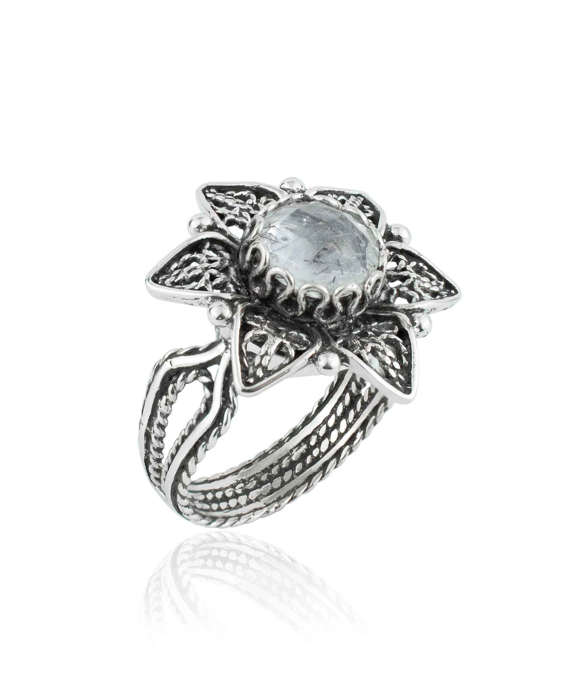 Elegant Filigree Art Black Rutile Gemstone Daisy Flower Cocktail Ring in sterling silver, showcasing intricate design and a round-cut gemstone.