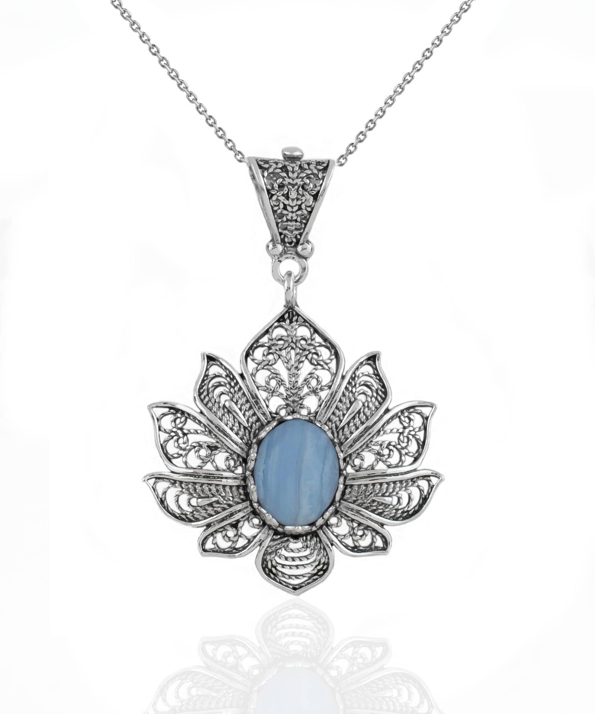 Handcrafted 925 Sterling Silver necklace featuring a blue lace agate gemstone lotus flower pendant with intricate filigree details.