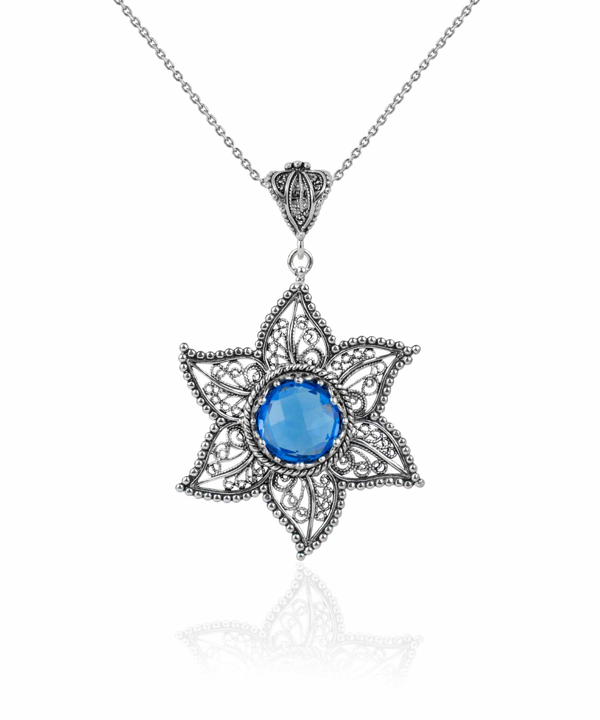 Handcrafted silver pendant featuring intricate filigree art and a blue quartz gemstone in a star design.