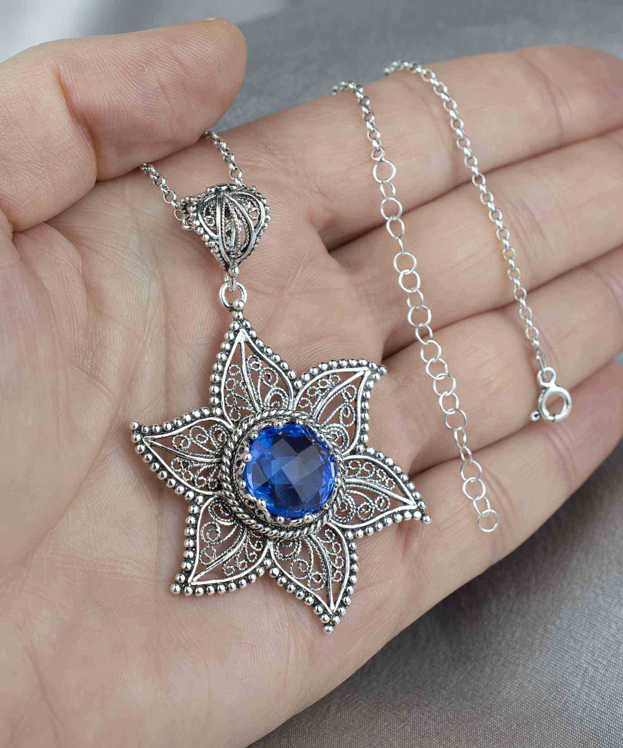 Handcrafted silver pendant featuring intricate filigree art and a blue quartz gemstone in a star design.