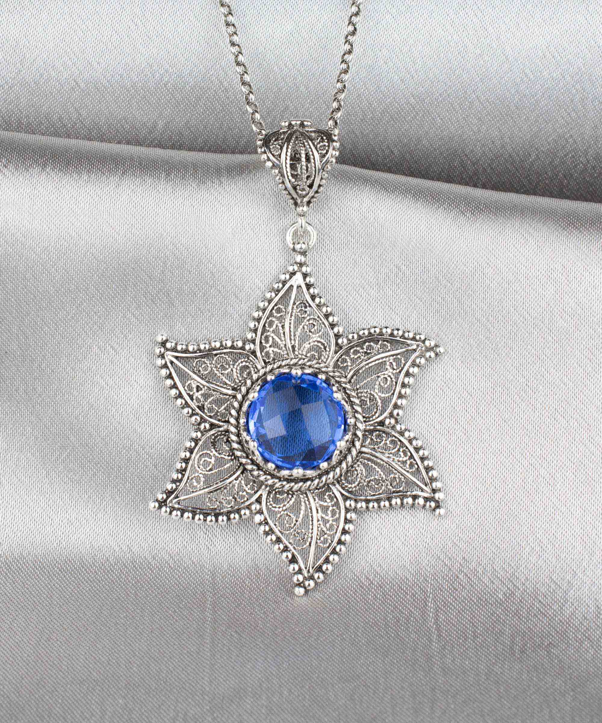 Handcrafted silver pendant featuring intricate filigree art and a blue quartz gemstone in a star design.