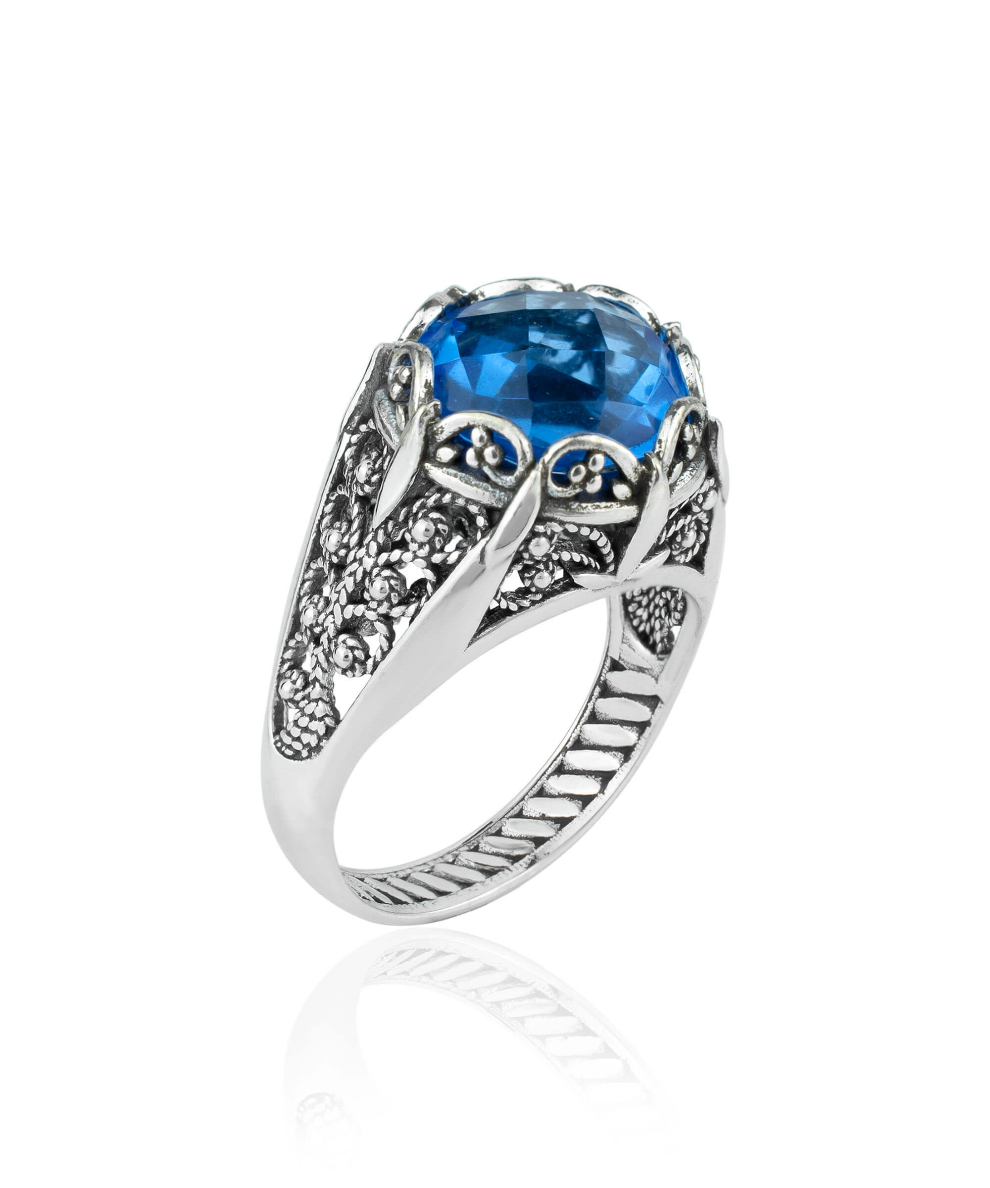 Elegant Filigree Art Blue Quartz Gemstone Silver Cocktail Ring with intricate design and polished finish.