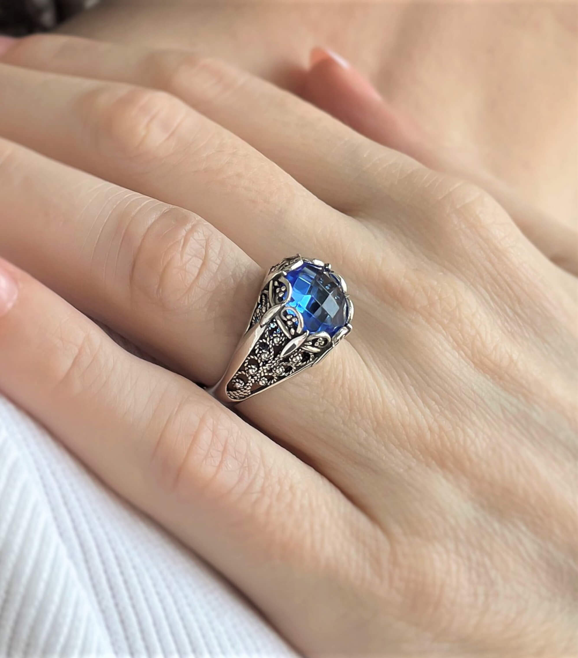 Elegant Filigree Art Blue Quartz Gemstone Silver Cocktail Ring with intricate design and polished finish.