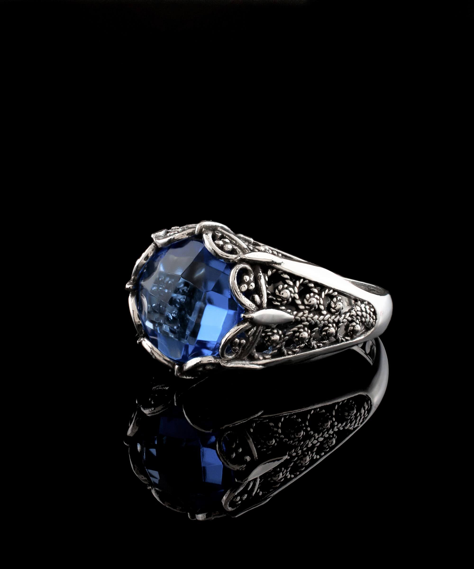 Elegant Filigree Art Blue Quartz Gemstone Silver Cocktail Ring with intricate design and polished finish.