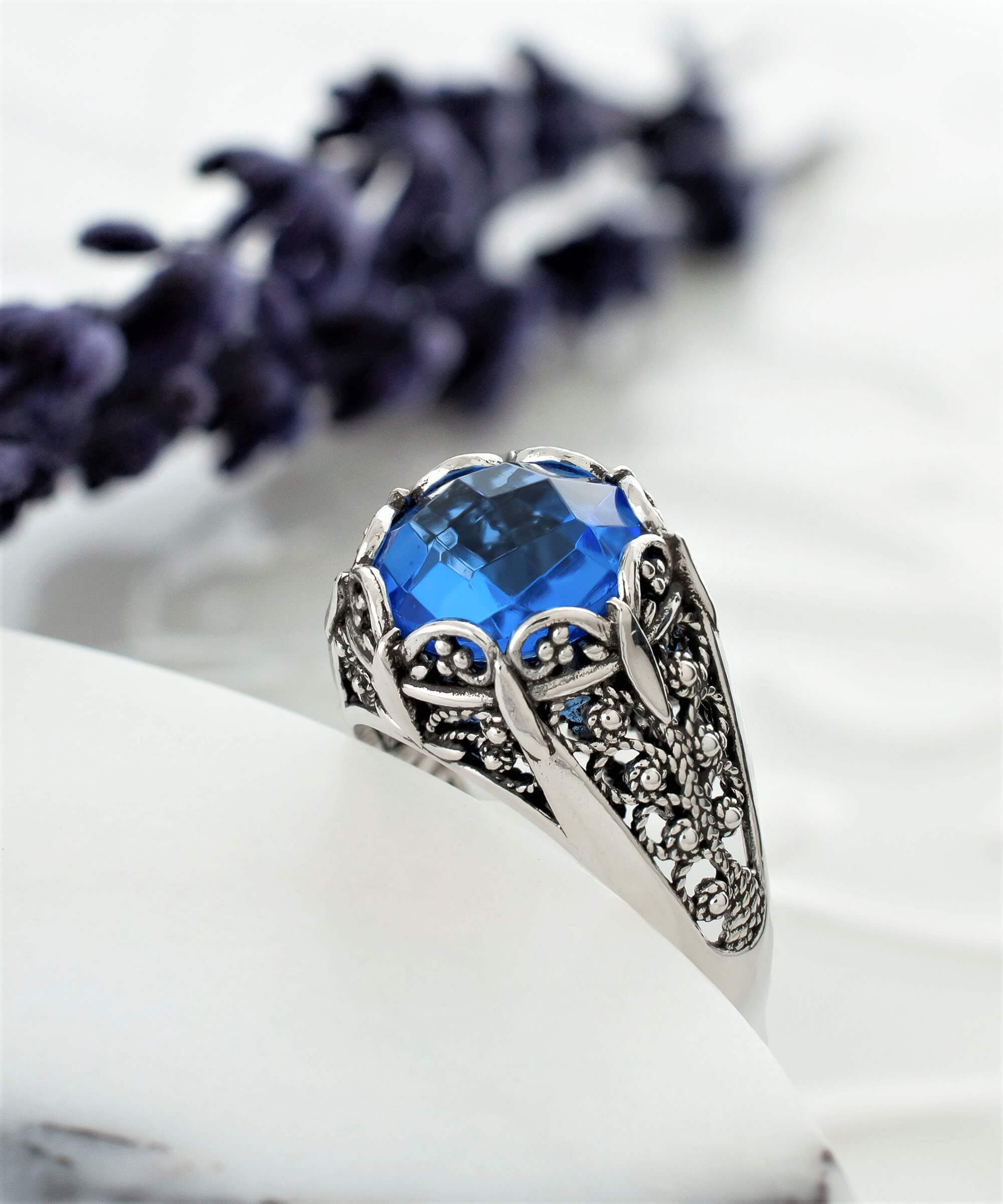 Elegant Filigree Art Blue Quartz Gemstone Silver Cocktail Ring with intricate design and polished finish.