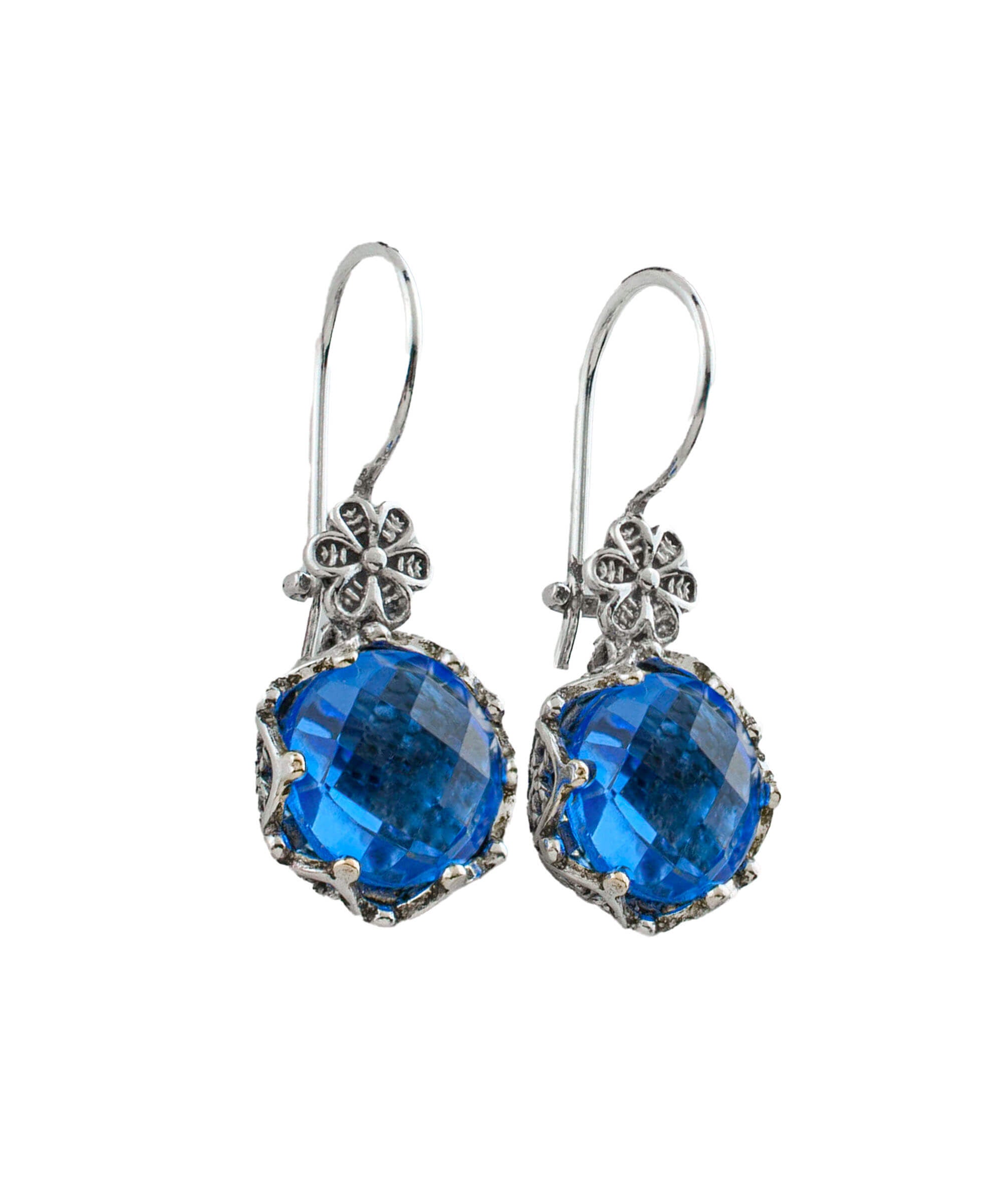 Elegant Filigree Art Blue Quartz Gemstone Drop Earrings in sterling silver, showcasing intricate design and sparkling gemstones.