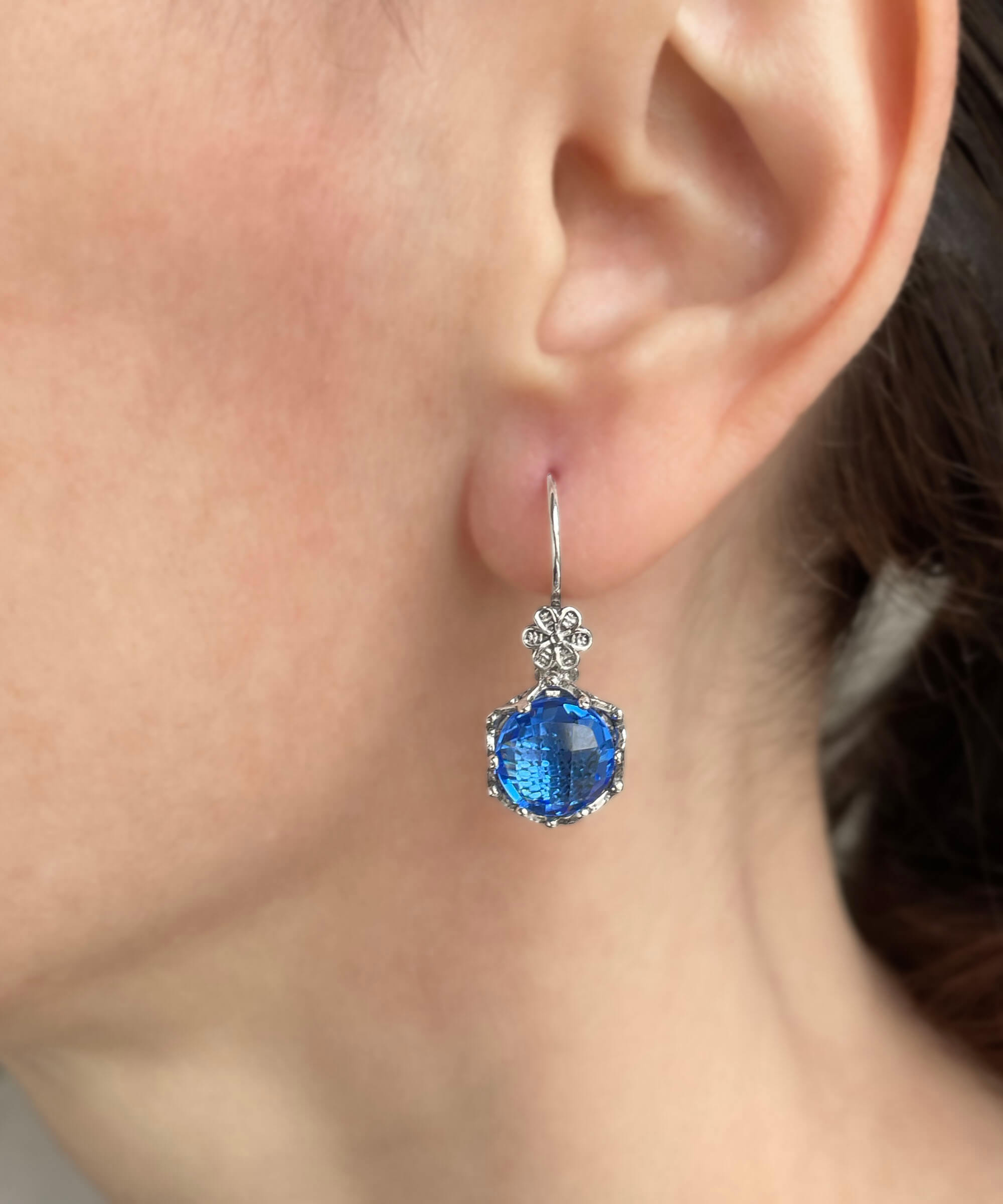 Elegant Filigree Art Blue Quartz Gemstone Drop Earrings in sterling silver, showcasing intricate design and sparkling gemstones.