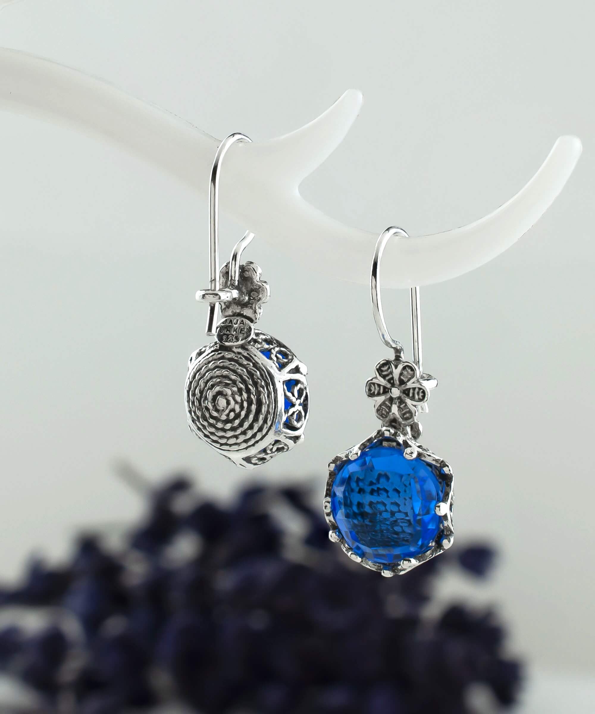 Elegant Filigree Art Blue Quartz Gemstone Drop Earrings in sterling silver, showcasing intricate design and sparkling gemstones.