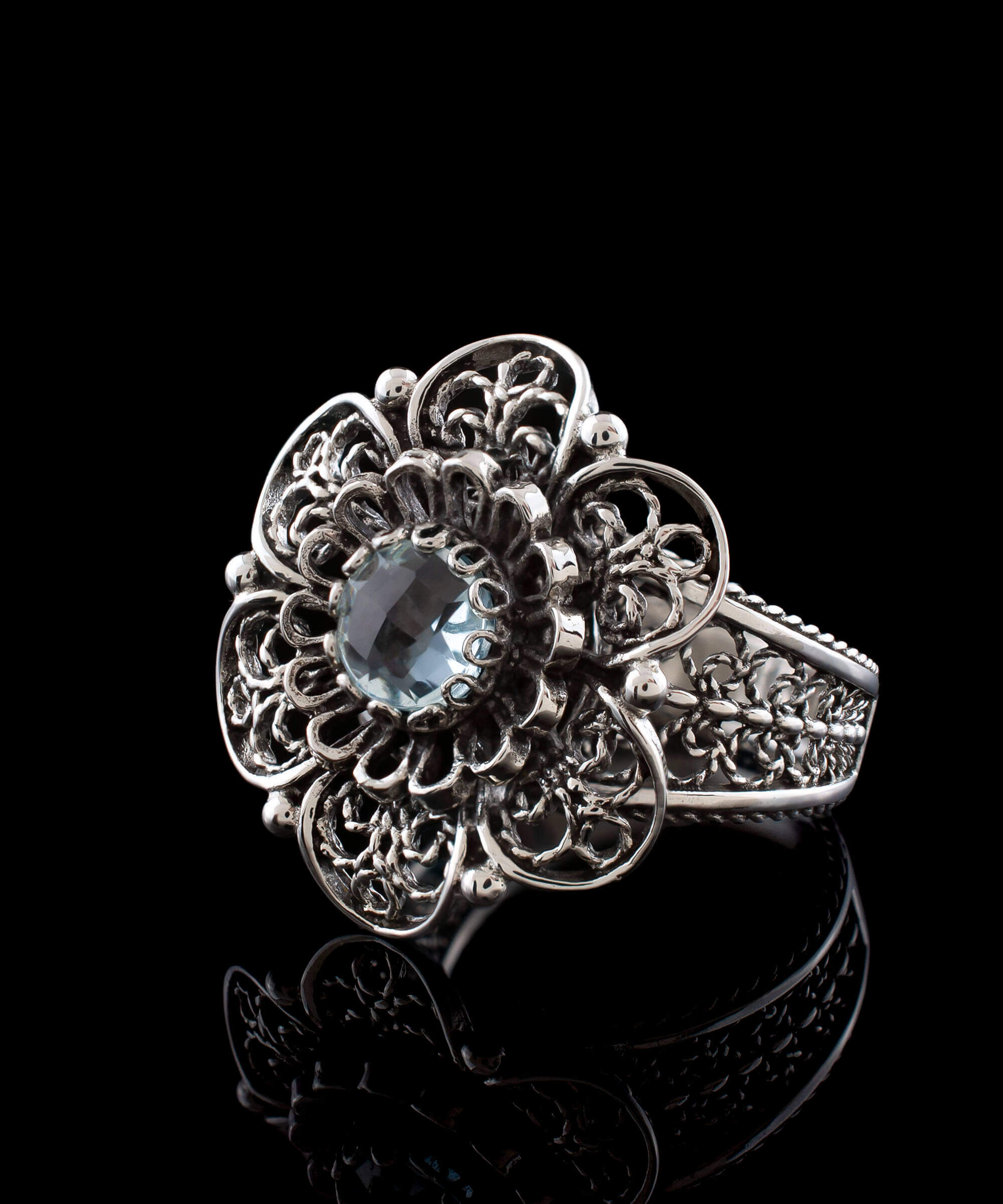 Elegant Filigree Art Blue Topaz Gemstone Women Silver Statement Ring with intricate lace flower design.