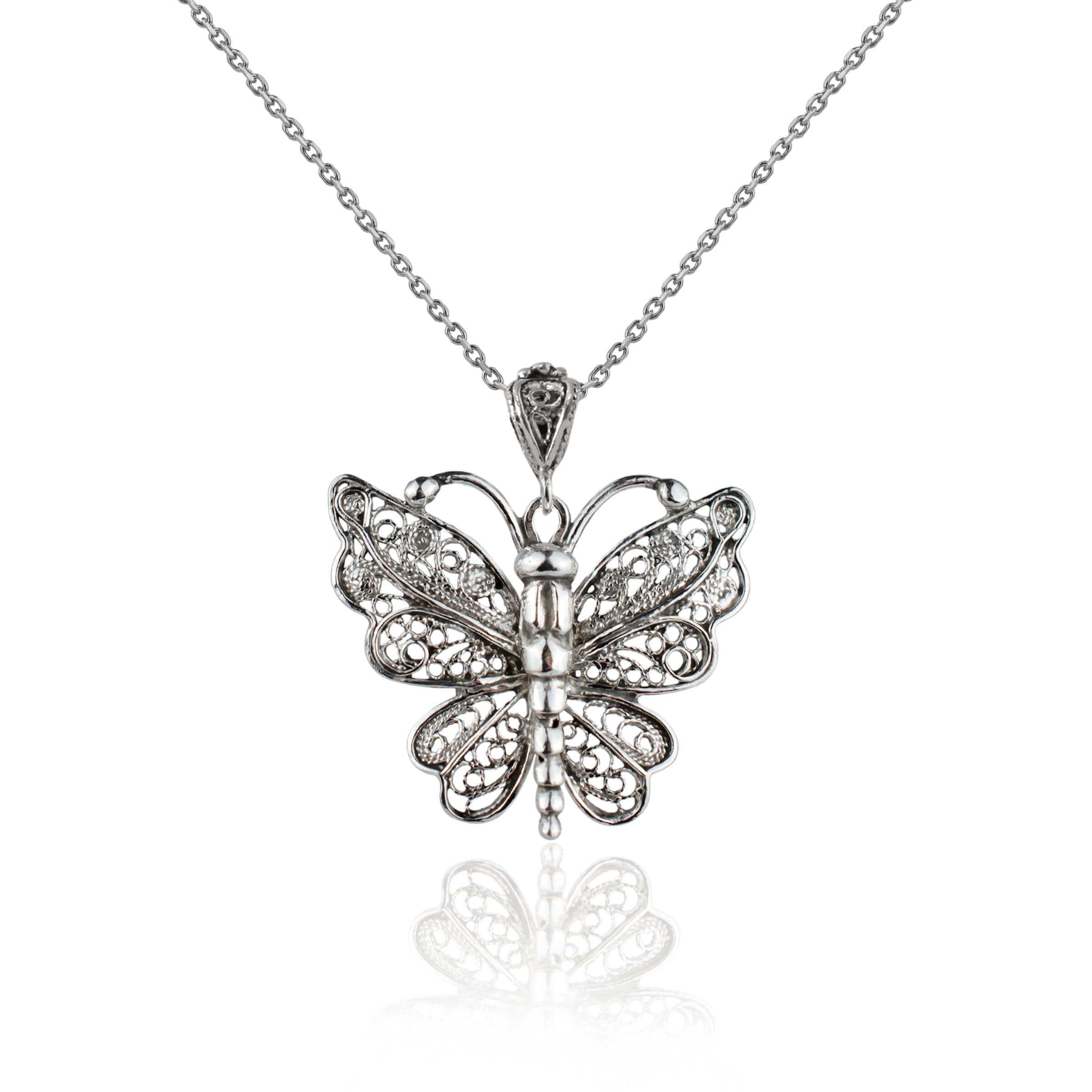 Sterling silver butterfly pendant necklace featuring intricate filigree design, displayed on a white background.