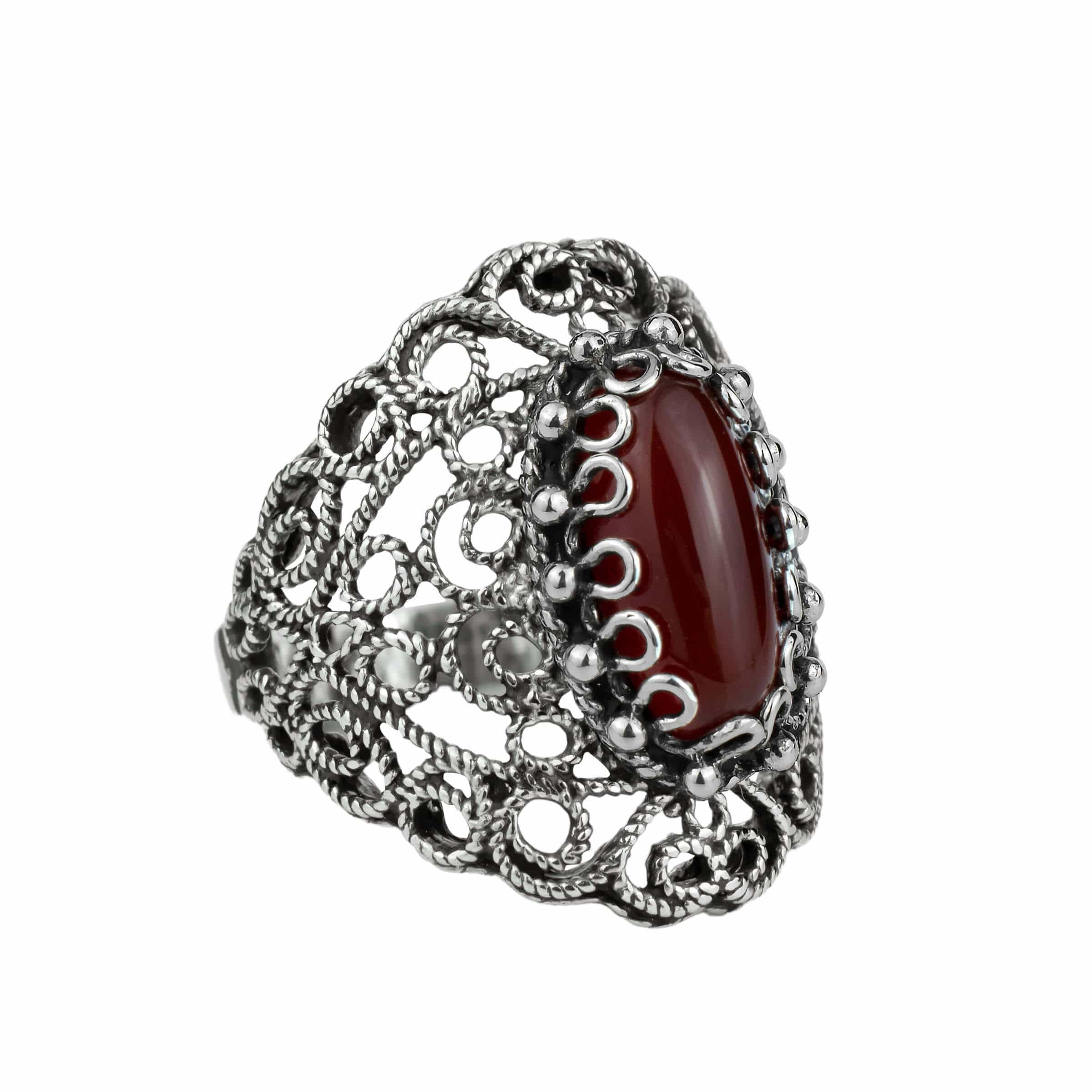 Handmade Filigree Art Carnelian Gemstone Lace Detailed Women's Silver Statement Ring featuring intricate design and vibrant carnelian stone.