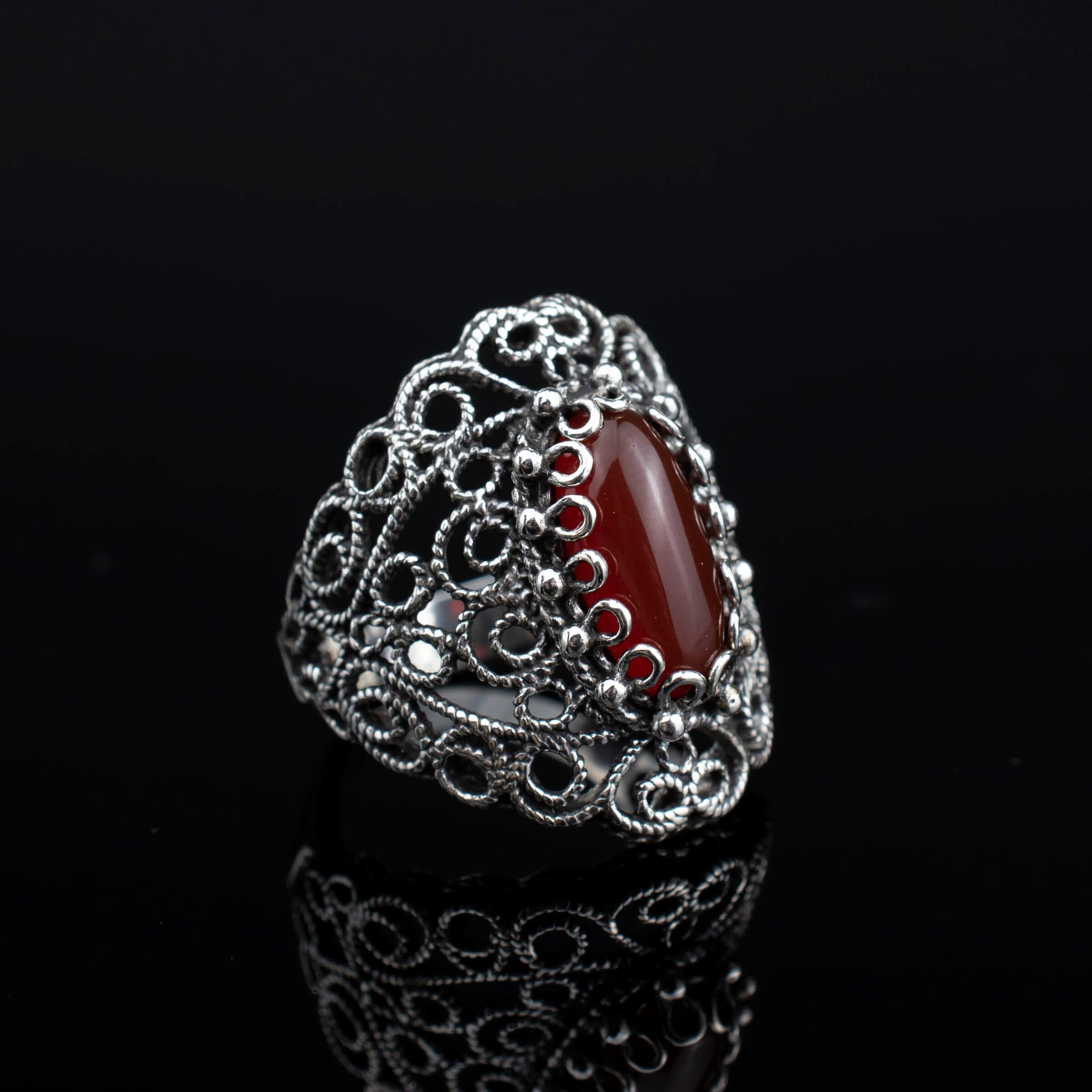 Handmade Filigree Art Carnelian Gemstone Lace Detailed Women's Silver Statement Ring featuring intricate design and vibrant carnelian stone.