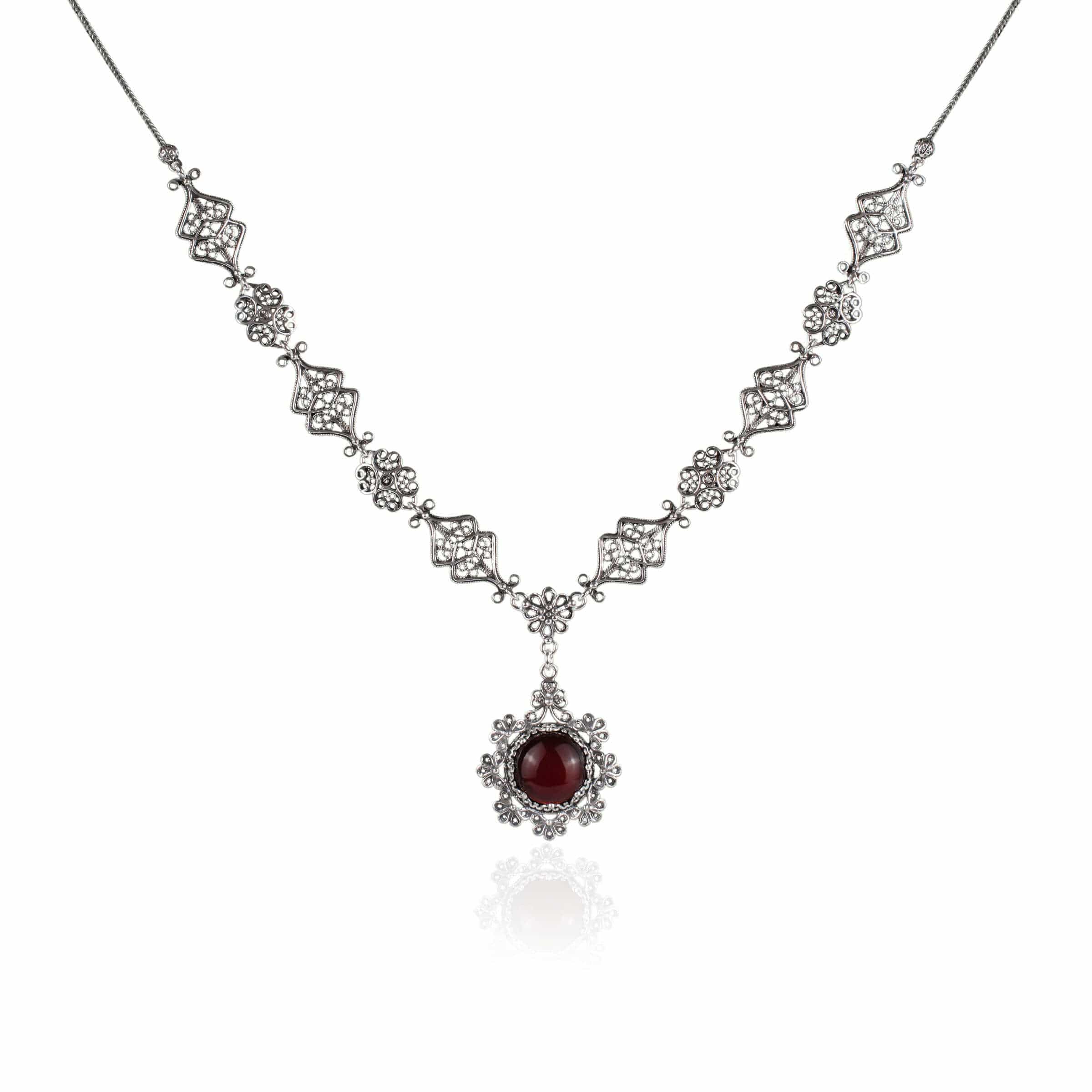 Elegant silver choker necklace featuring a round Carnelian gemstone centerpiece with intricate filigree design.