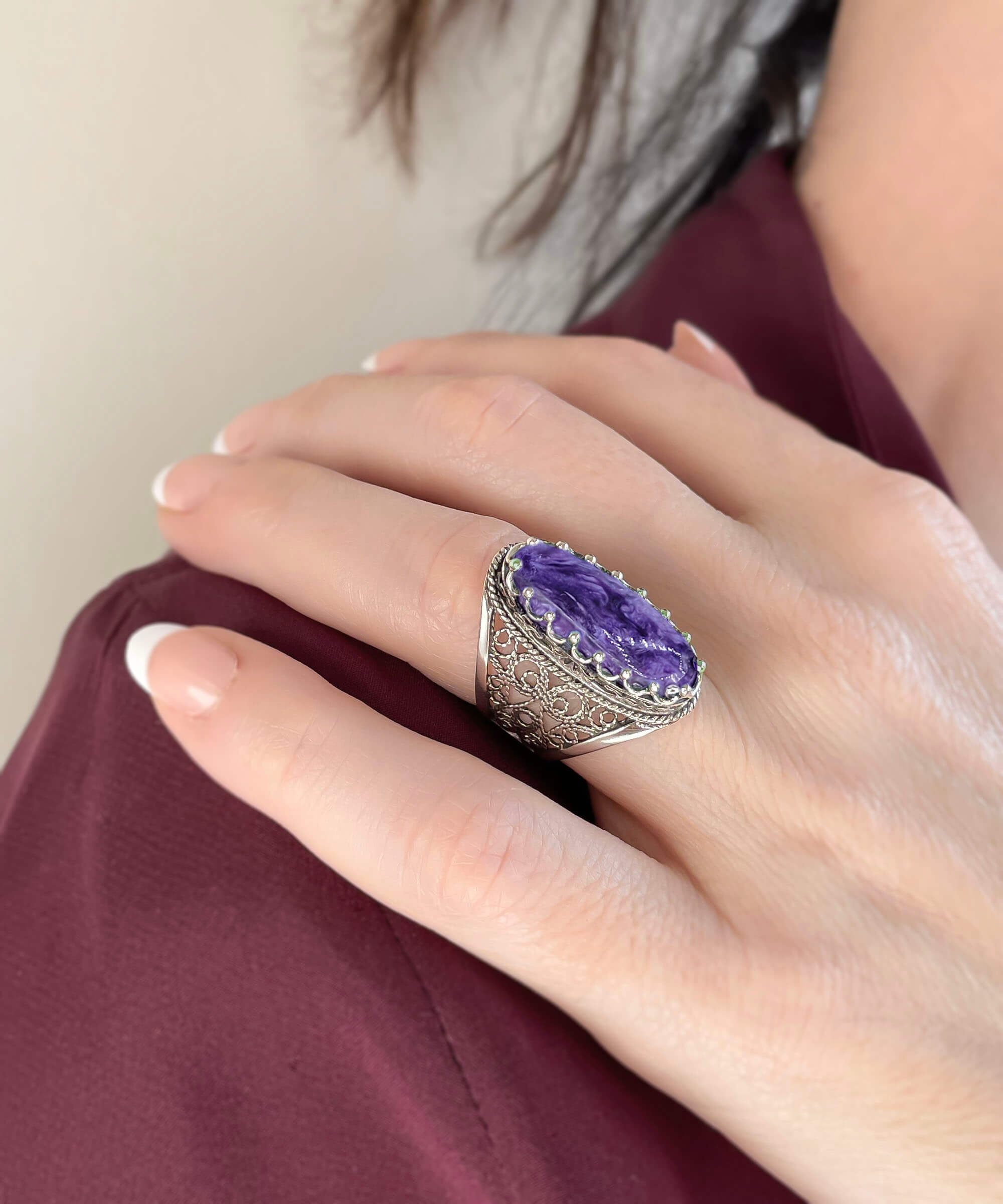 Elegant Filigree Art Charoite Gemstone Long Statement Ring in 925 Sterling Silver with intricate detailing and a luxurious finish.