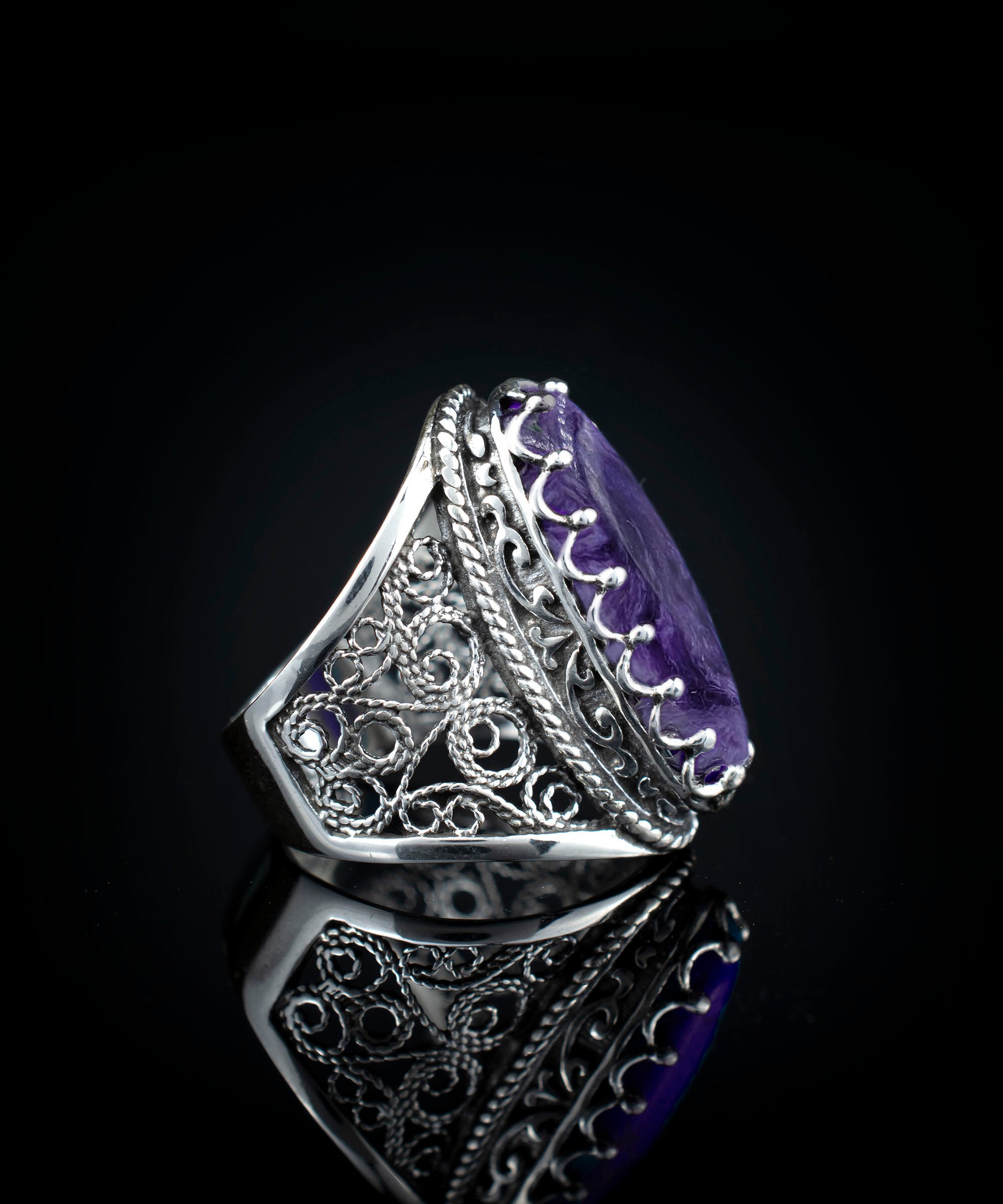 Elegant Filigree Art Charoite Gemstone Long Statement Ring in 925 Sterling Silver with intricate detailing and a luxurious finish.