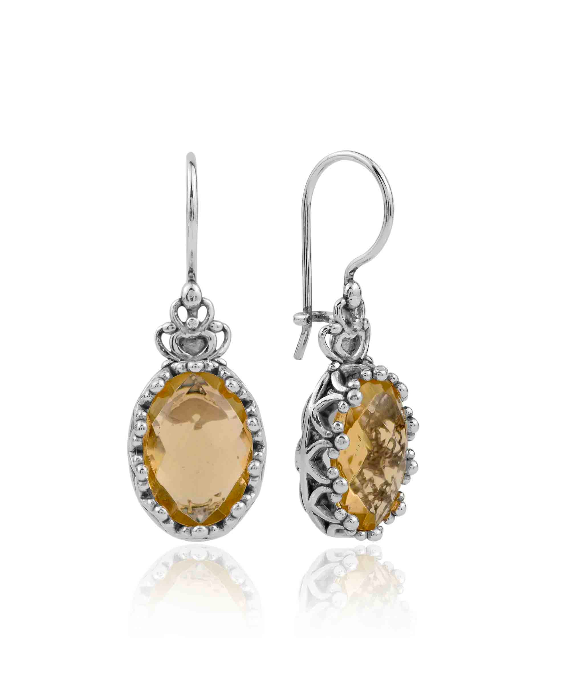 Elegant Filigree Art Citrine Gemstone Crown Earrings in sterling silver, featuring intricate design and a stunning oval drop shape.