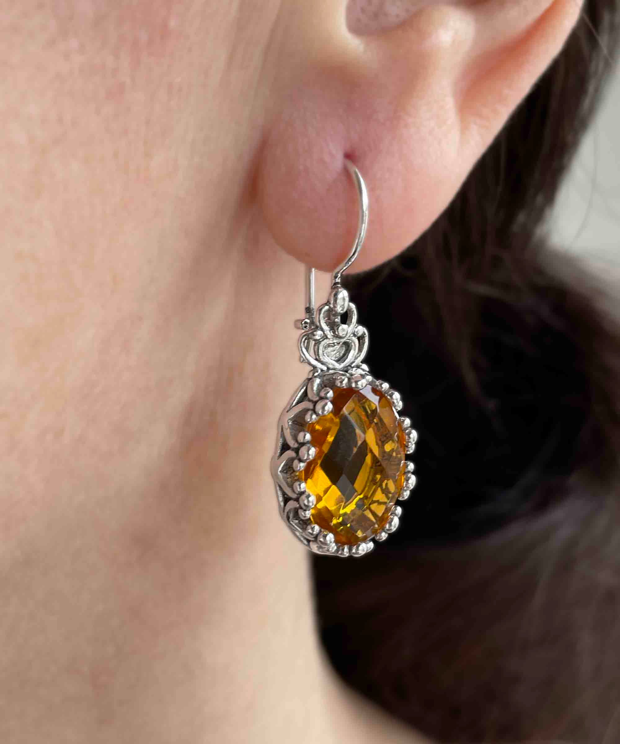 Elegant Filigree Art Citrine Gemstone Crown Earrings in sterling silver, featuring intricate design and a stunning oval drop shape.