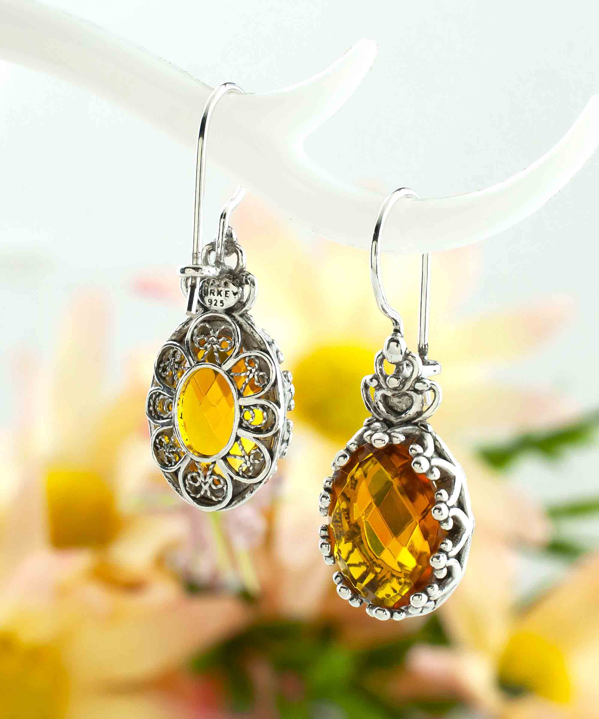 Elegant Filigree Art Citrine Gemstone Crown Earrings in sterling silver, featuring intricate design and a stunning oval drop shape.