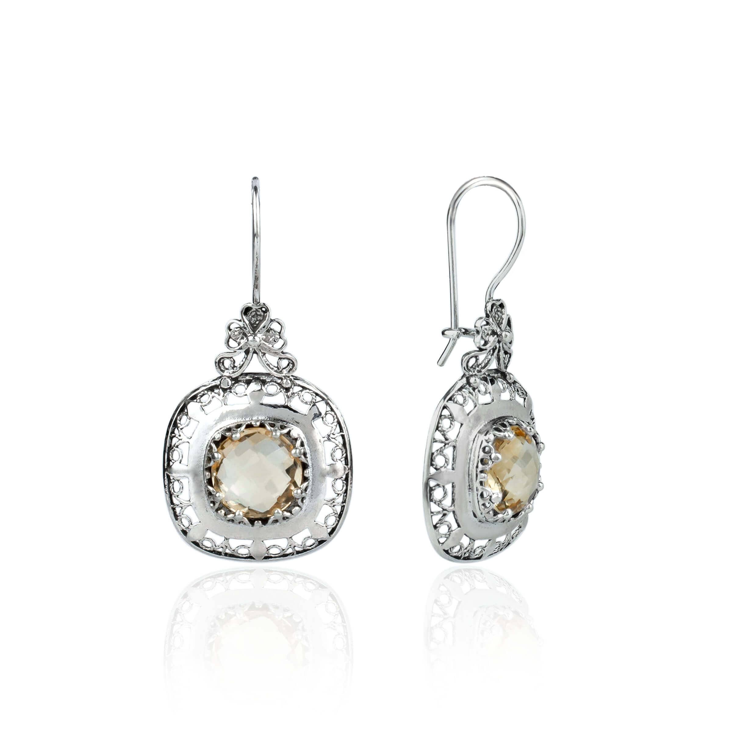 Elegant sterling silver drop earrings featuring intricate filigree design and a vibrant 10mm round-cut citrine gemstone.