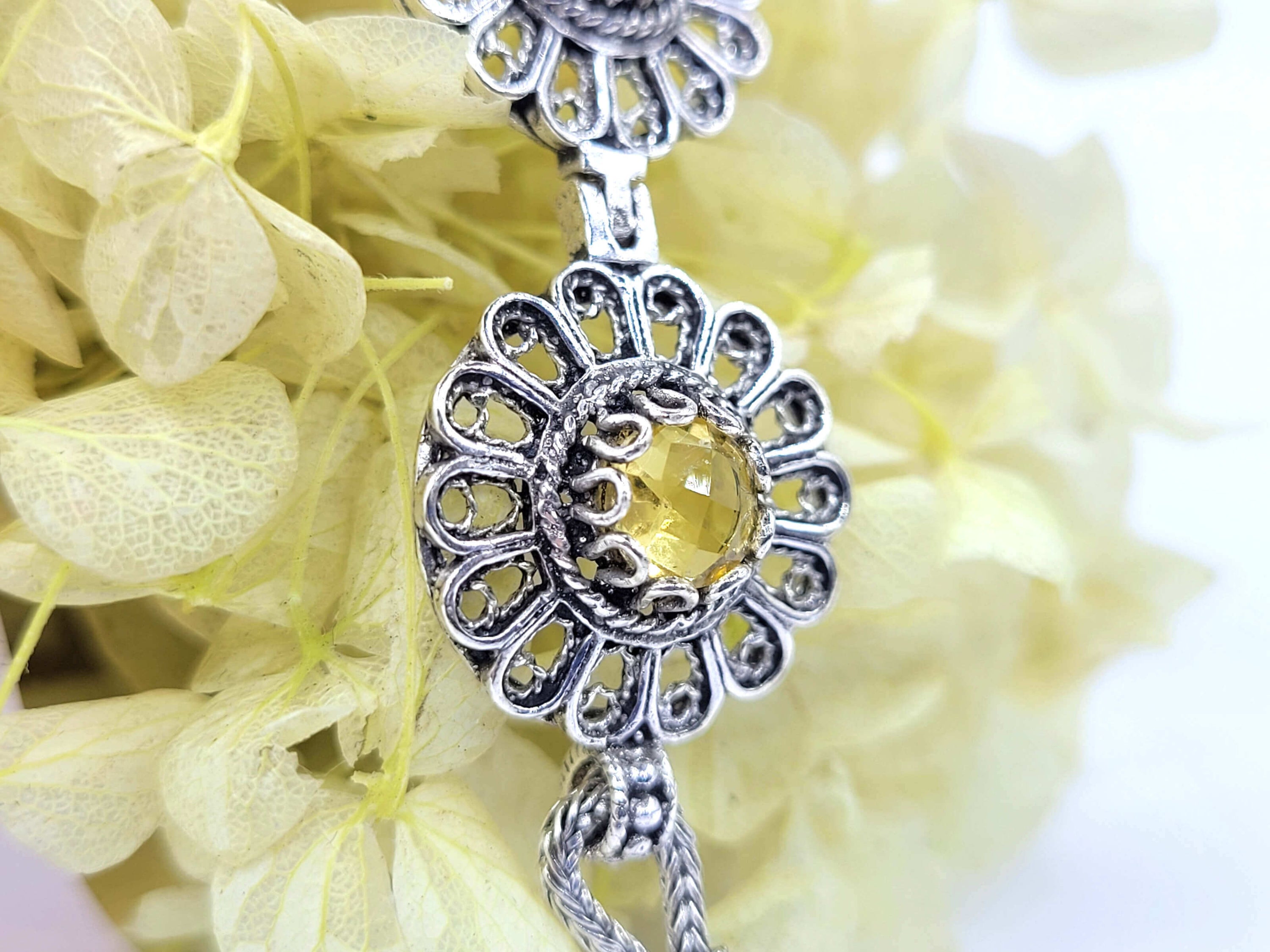 Elegant sterling silver filigree bracelet featuring a double-sided faceted citrine gemstone, perfect for women.