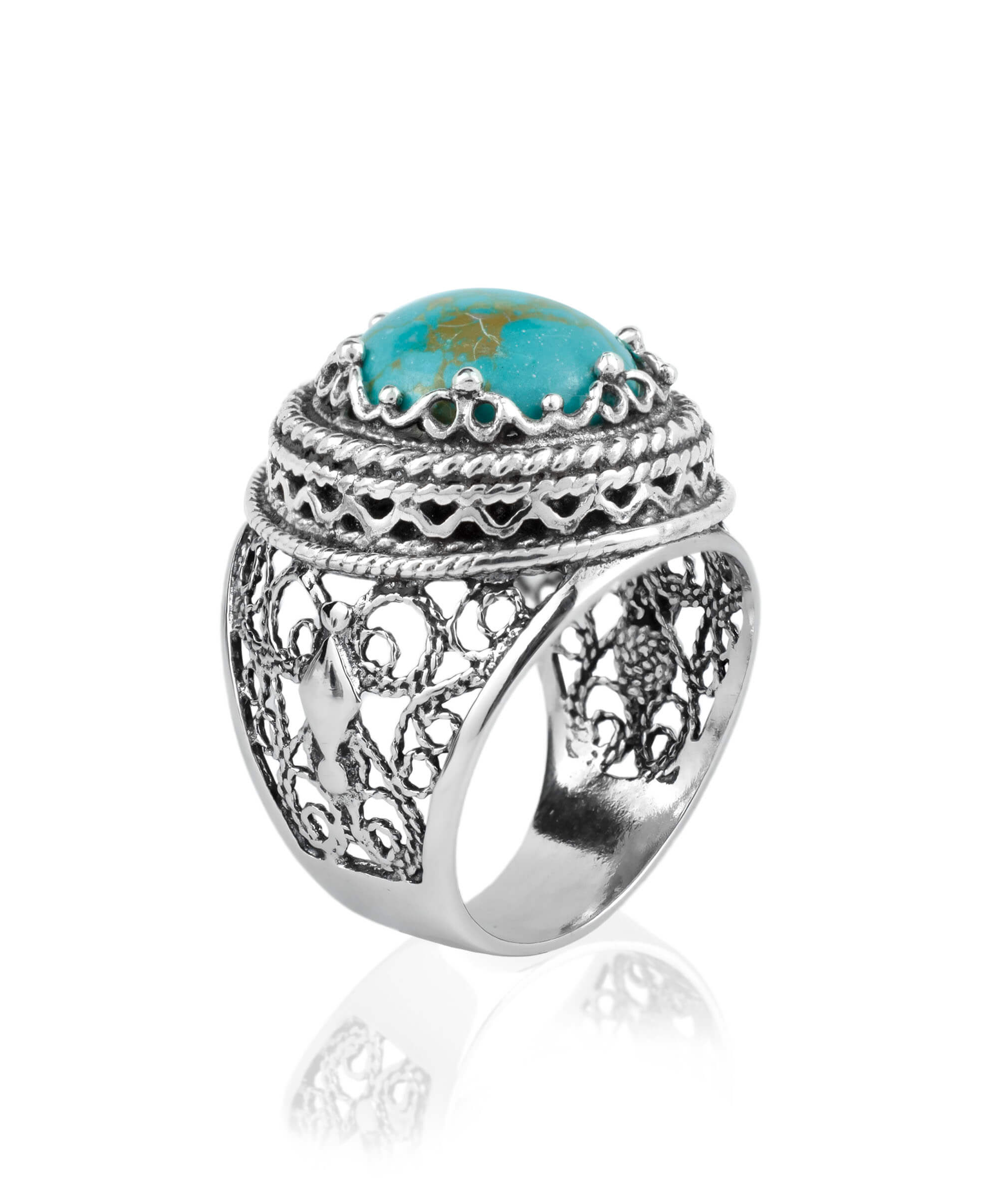 A stunning silver ring featuring intricate filigree art and a round 12mm copper turquoise gemstone, showcasing a blend of modern and traditional design.