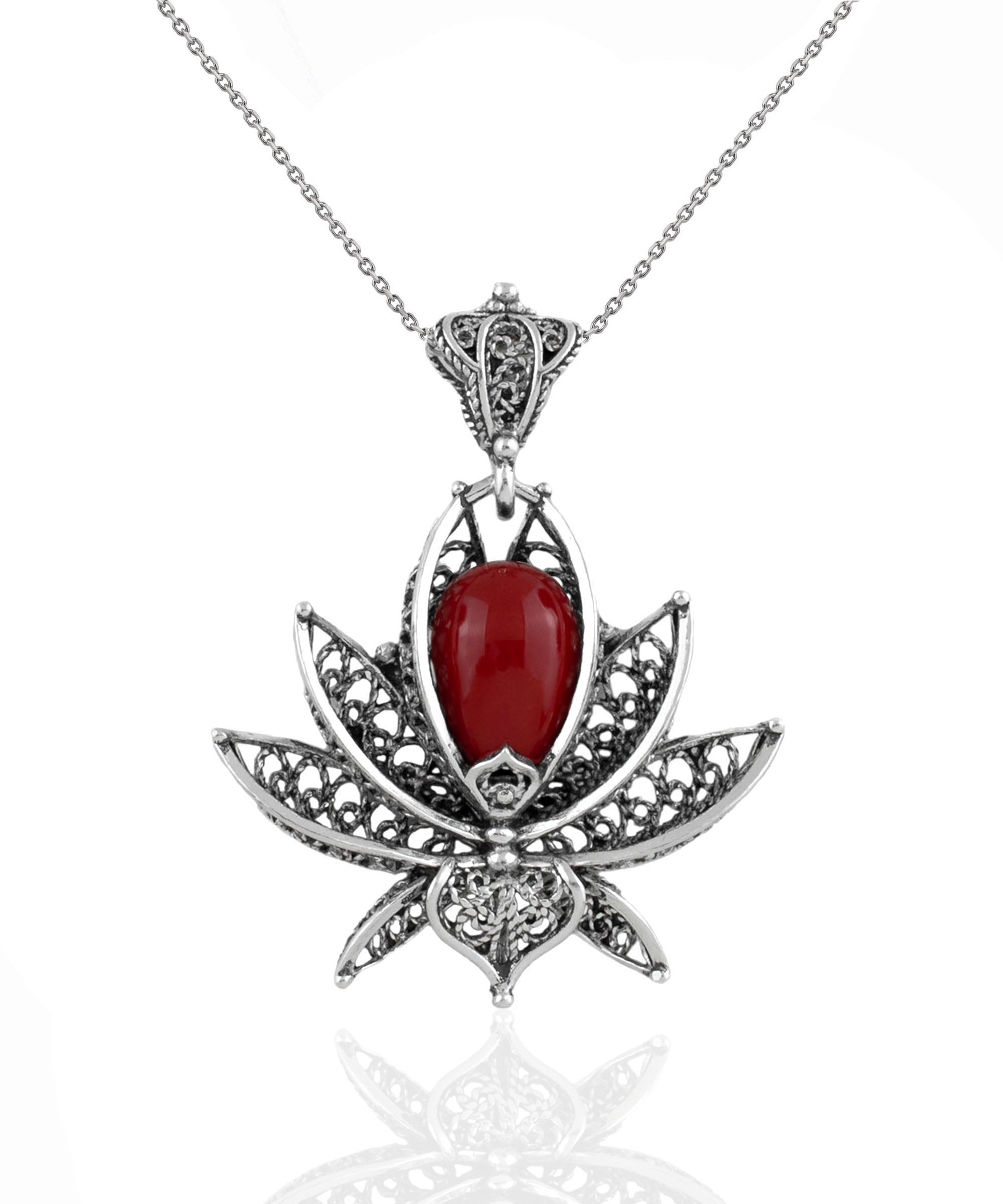 Elegant 3D lotus flower pendant made of 925 Sterling Silver with coral gemstone, showcasing intricate filigree art.