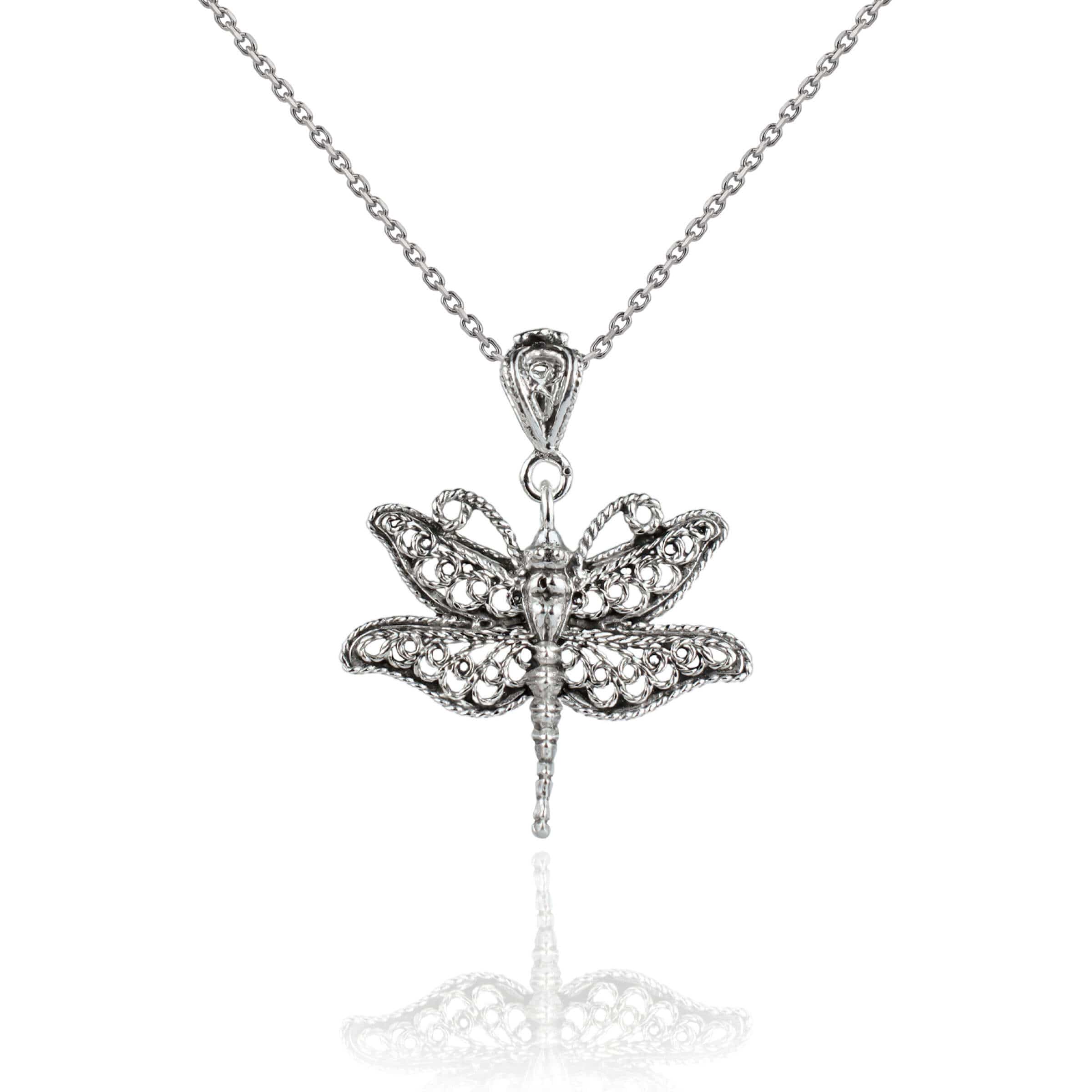 Sterling silver pendant necklace featuring a delicate filigree dragonfly design, showcasing intricate craftsmanship.