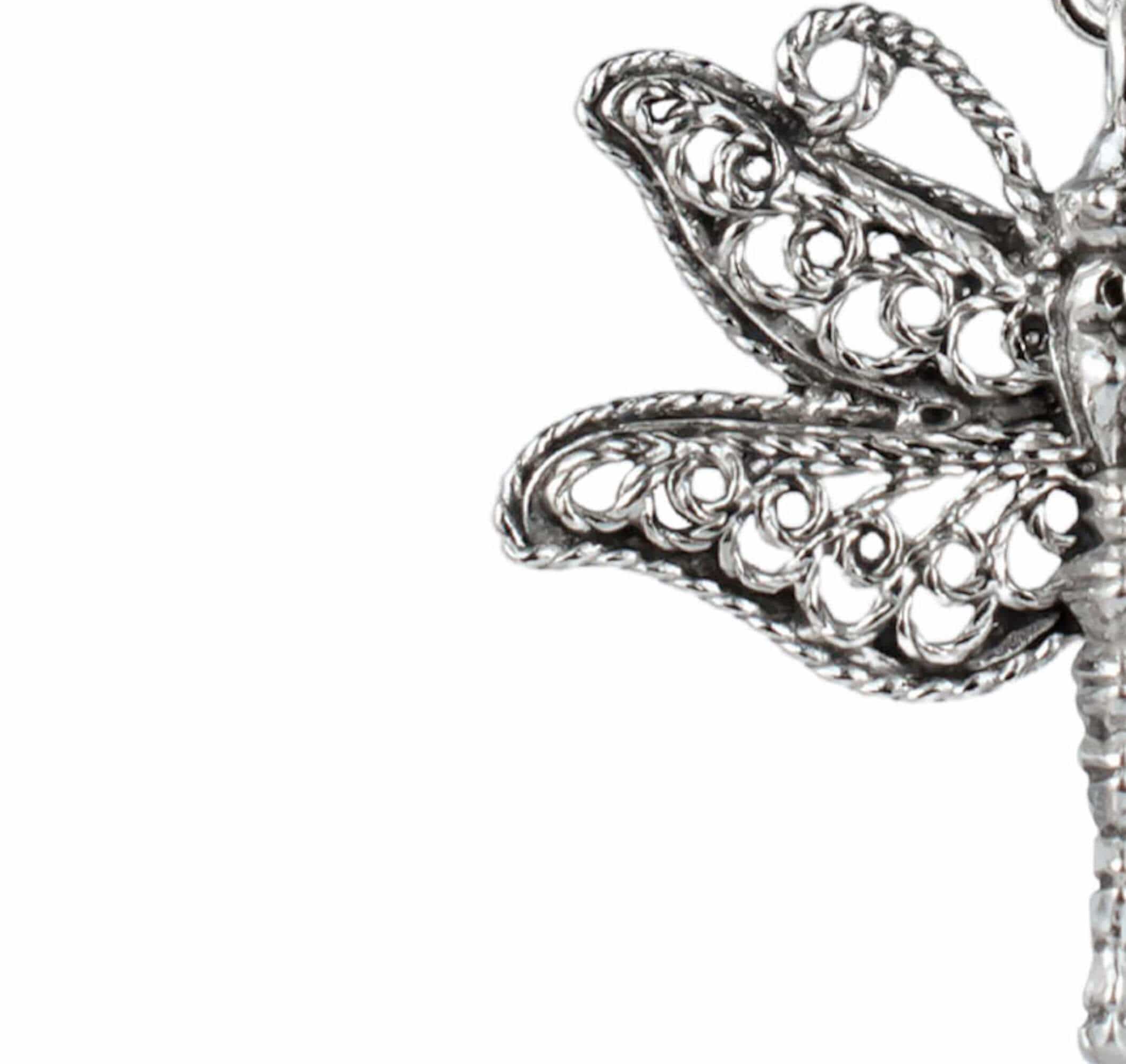 Sterling silver pendant necklace featuring a delicate filigree dragonfly design, showcasing intricate craftsmanship.