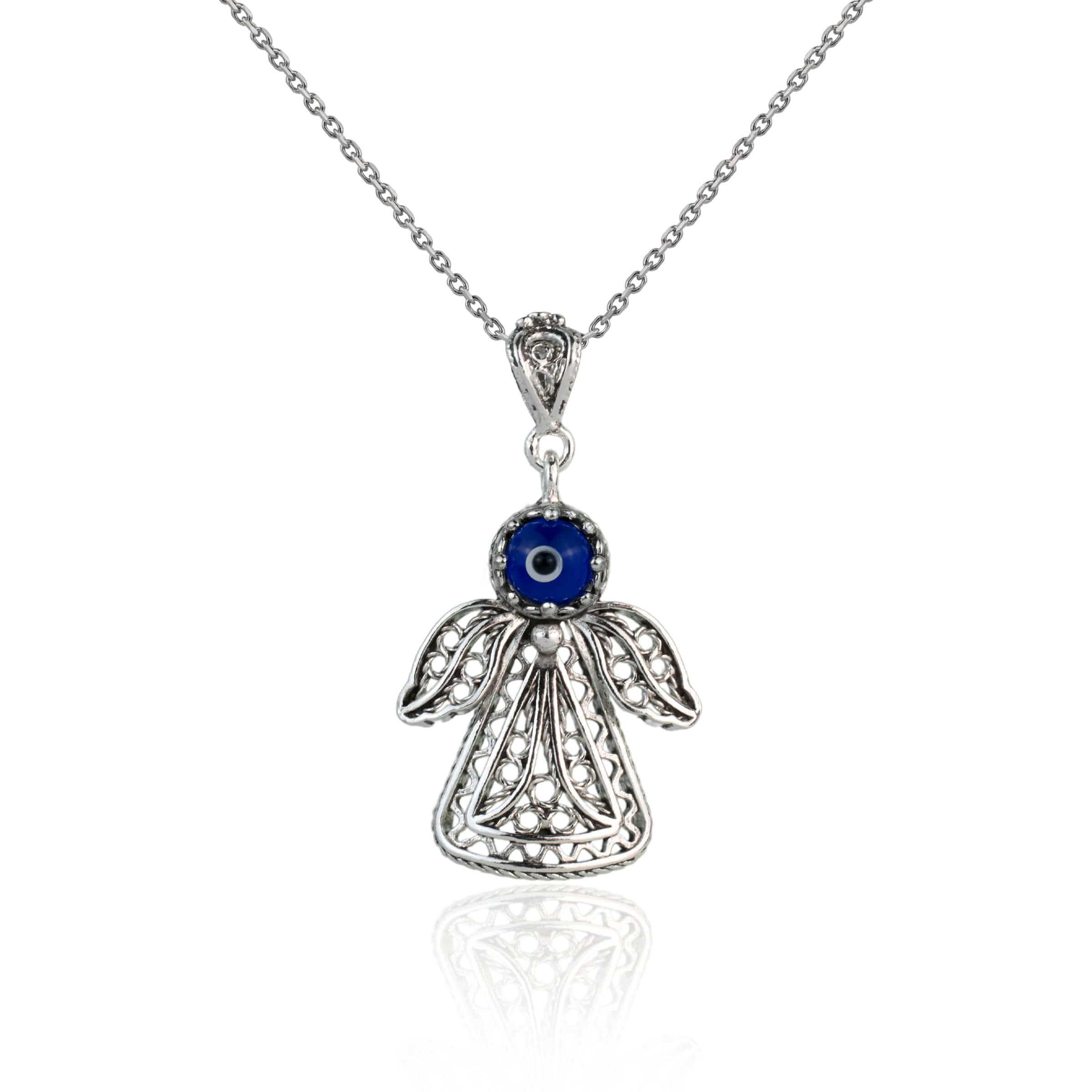 Sterling silver filigree evil eye angel pendant necklace with intricate design and cabochon cut evil eye.