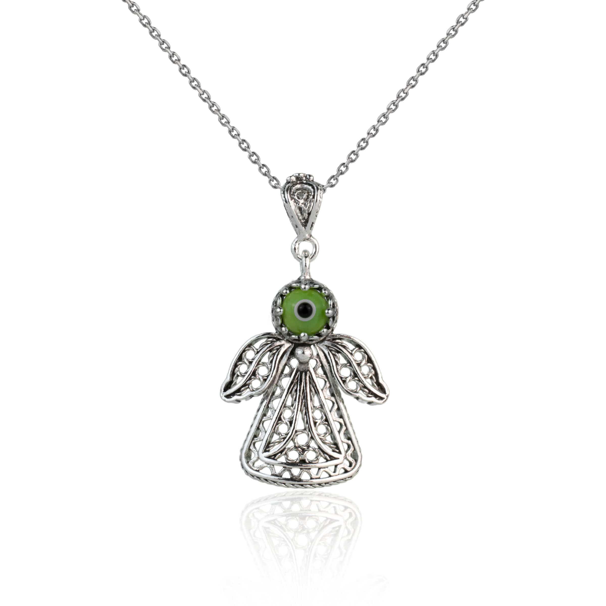 Sterling silver filigree evil eye angel pendant necklace with intricate design and cabochon cut evil eye.