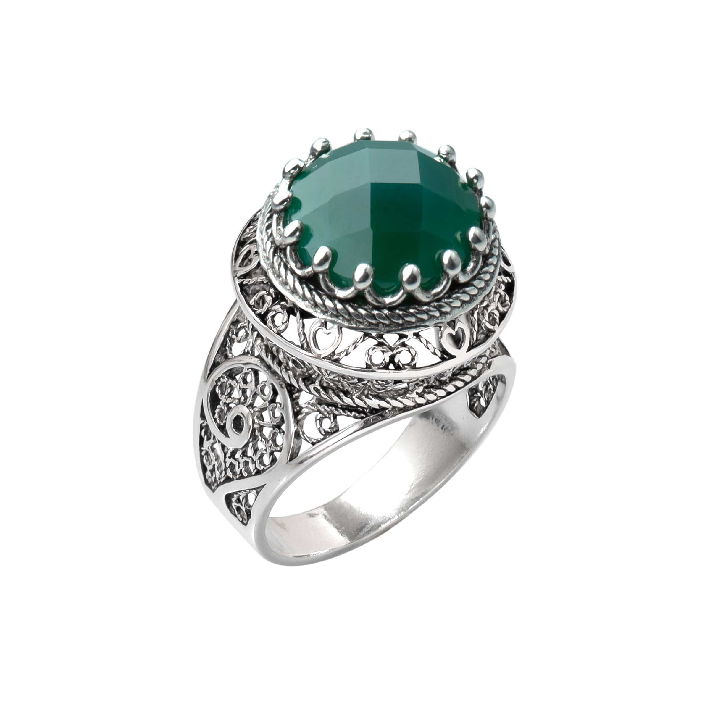 Filigree Art Green Agate Gemstone Silver Statement Ring featuring intricate lace detailing and a round green agate gemstone.