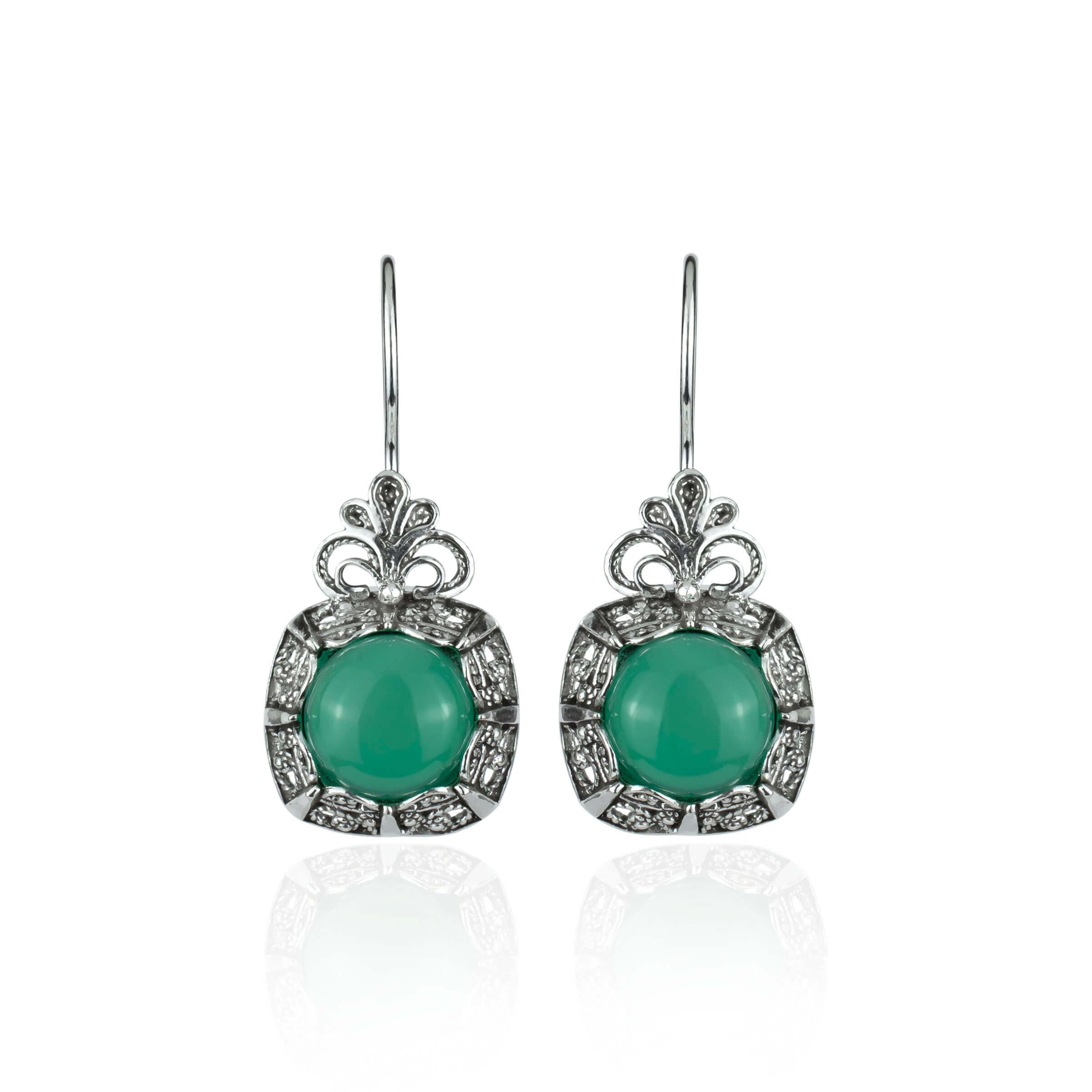 Elegant silver drop earrings featuring intricate filigree design and green agate gemstone, perfect for women.