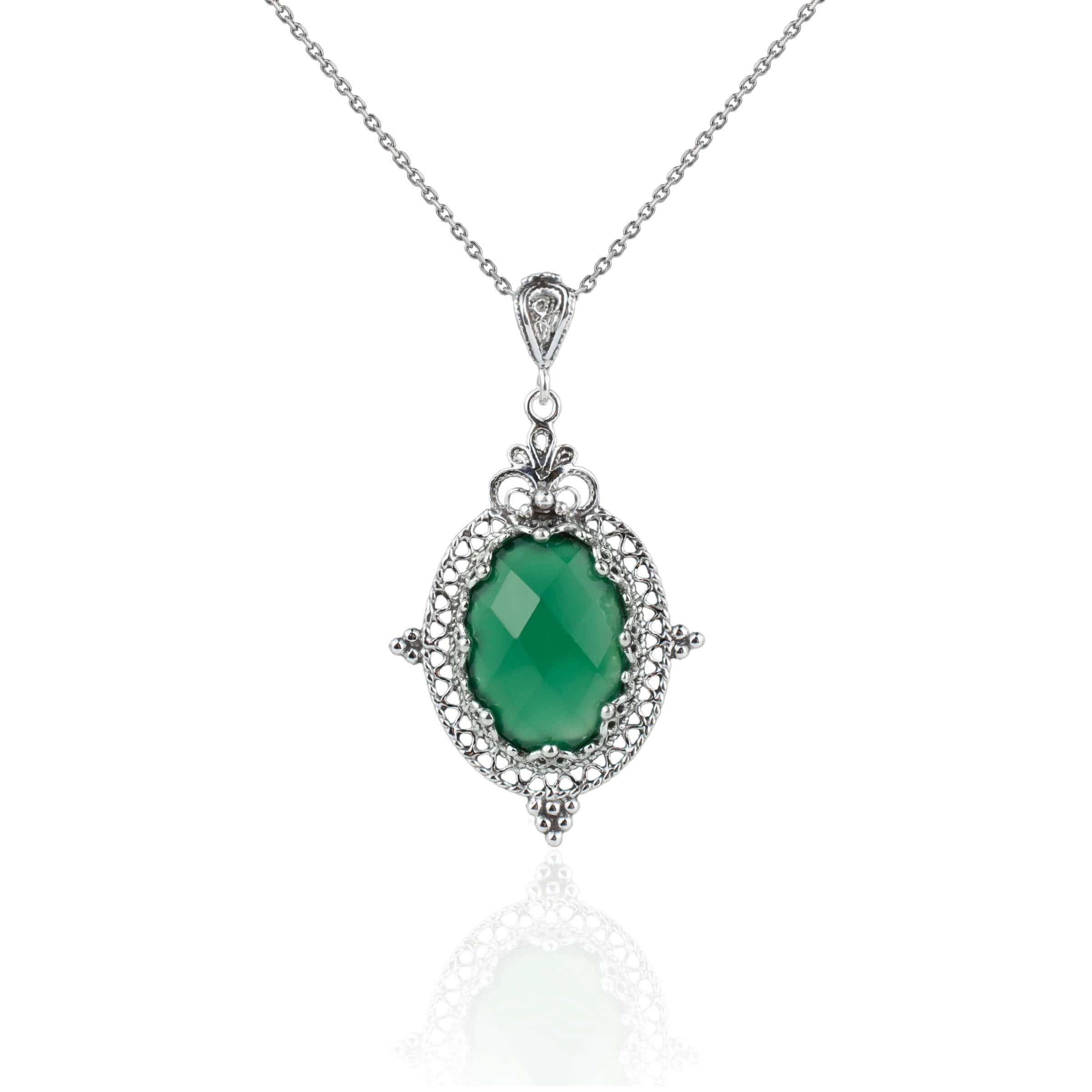 Elegant silver oval pendant necklace featuring a green agate gemstone with intricate filigree design.