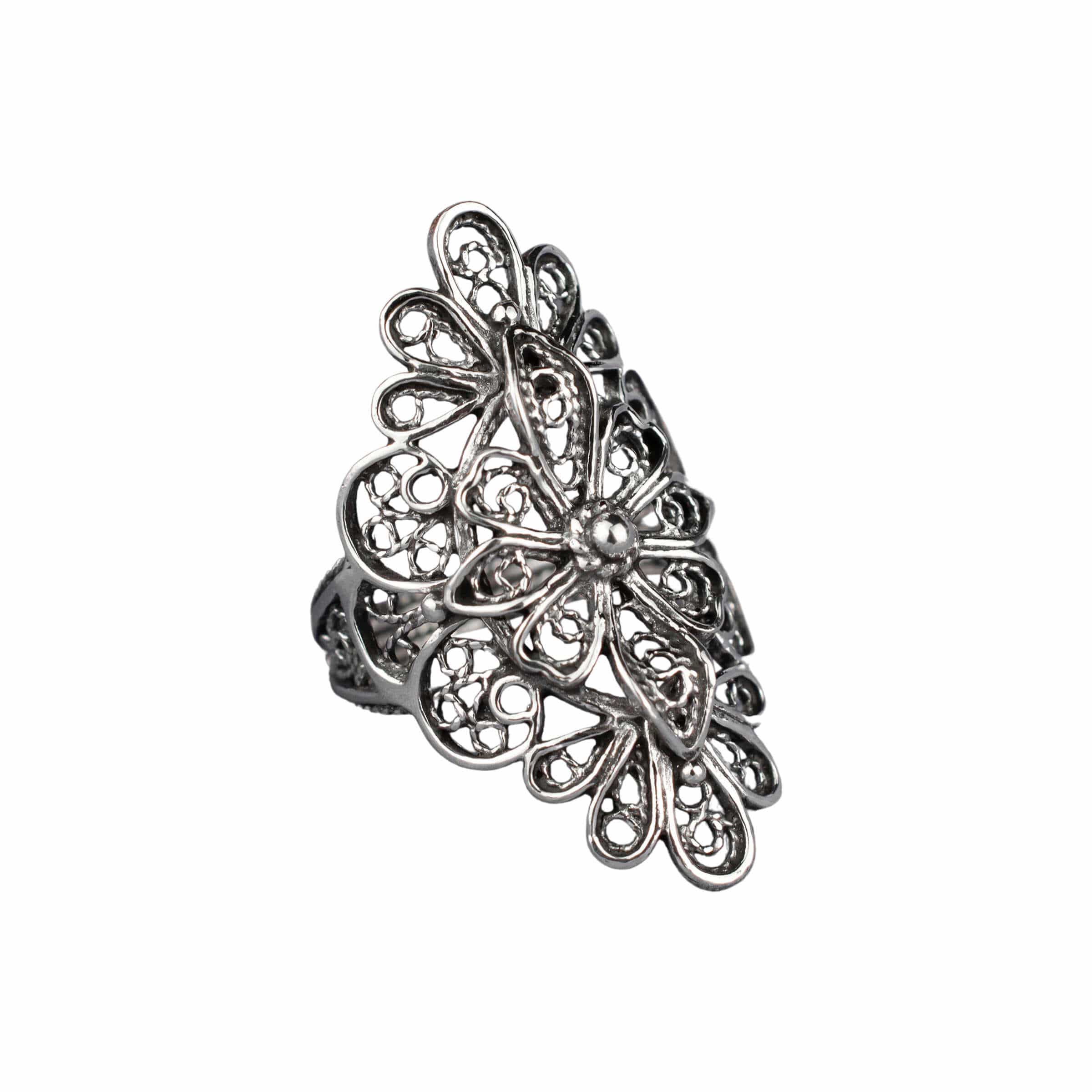 Sterling Silver Filigree Art Lace Embroidery Long Statement Ring showcasing intricate lace-like design and polished finish.