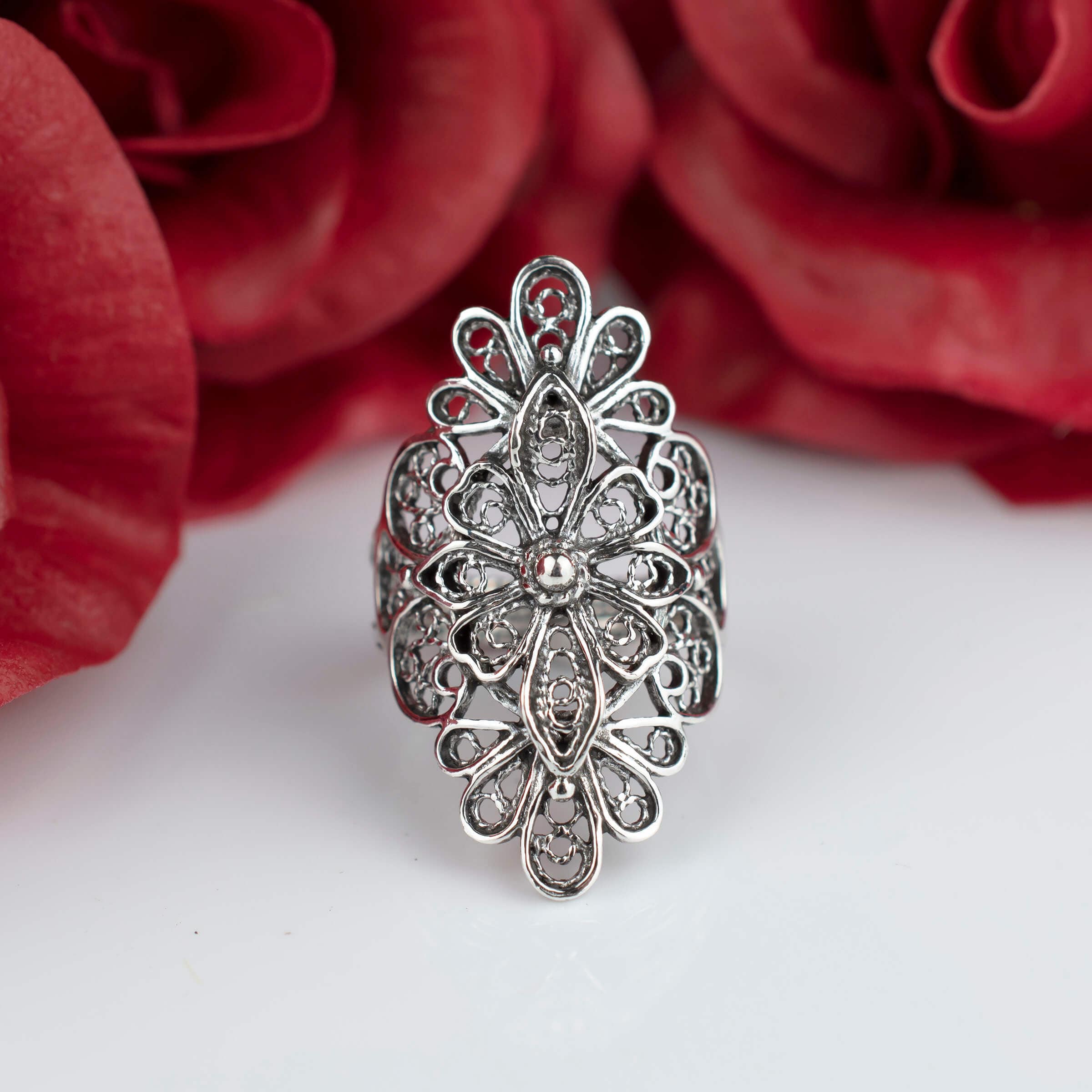 Sterling Silver Filigree Art Lace Embroidery Long Statement Ring showcasing intricate lace-like design and polished finish.