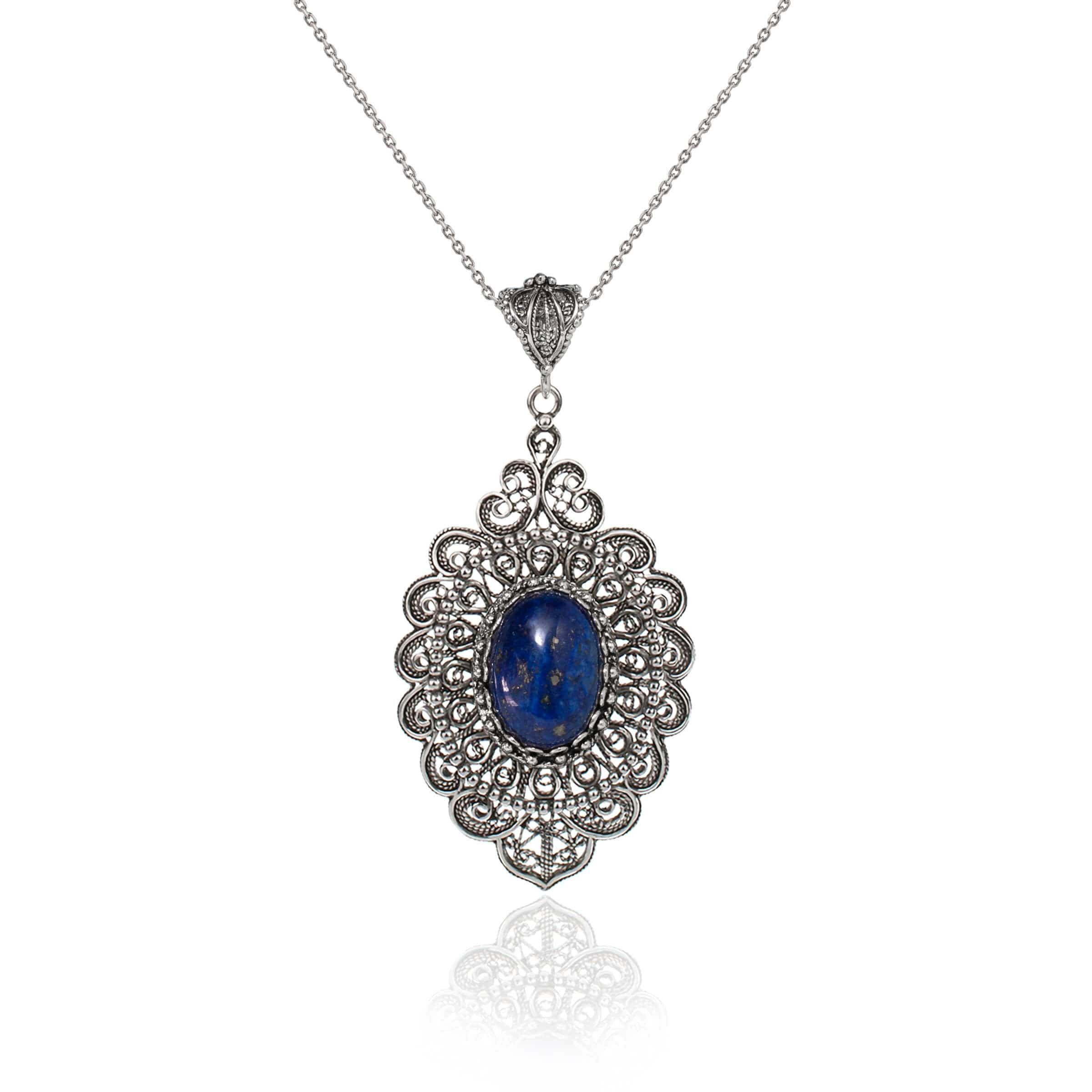 Elegant sterling silver pendant necklace featuring intricate floral filigree design and a stunning lapis lazuli gemstone.