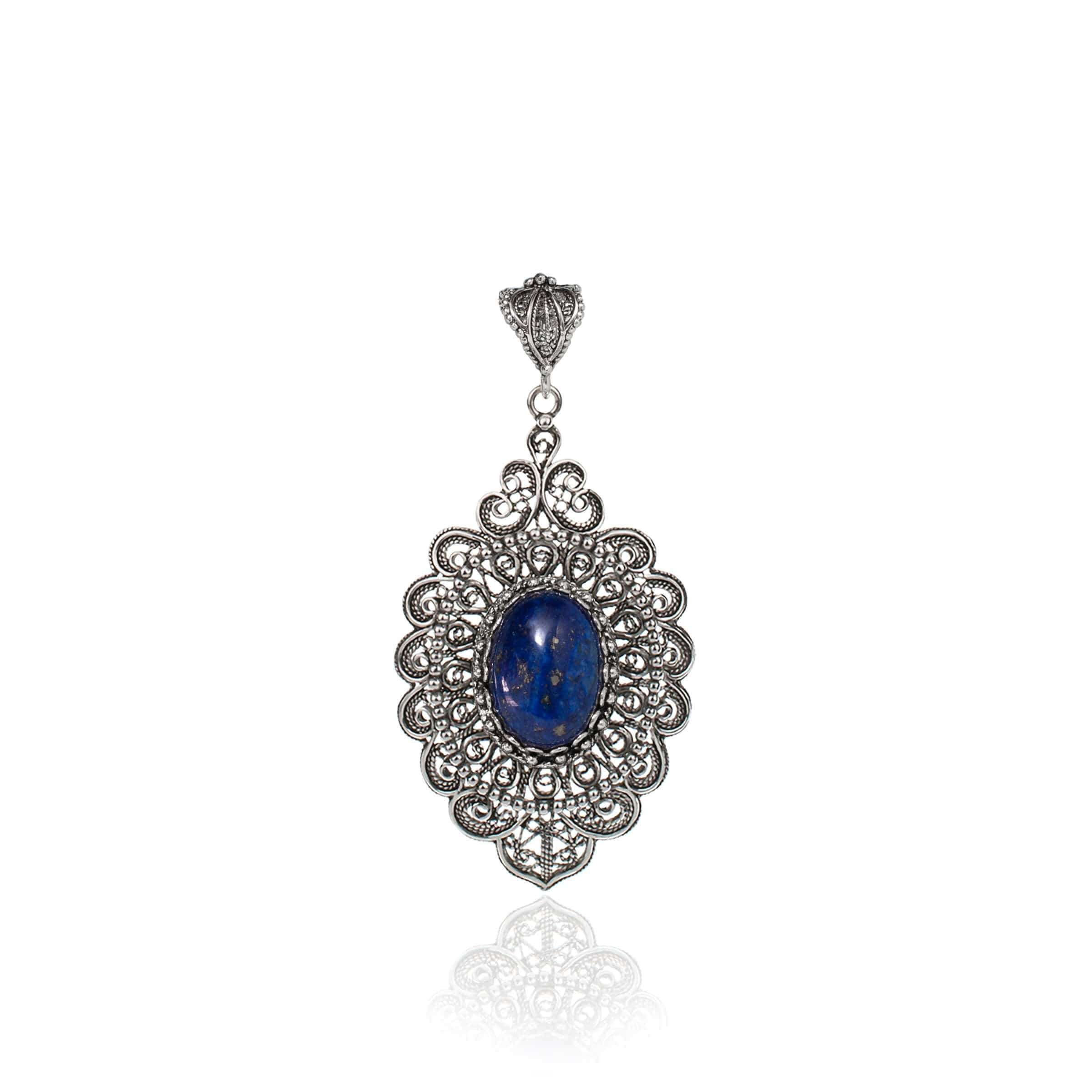 Elegant sterling silver pendant necklace featuring intricate floral filigree design and a stunning lapis lazuli gemstone.