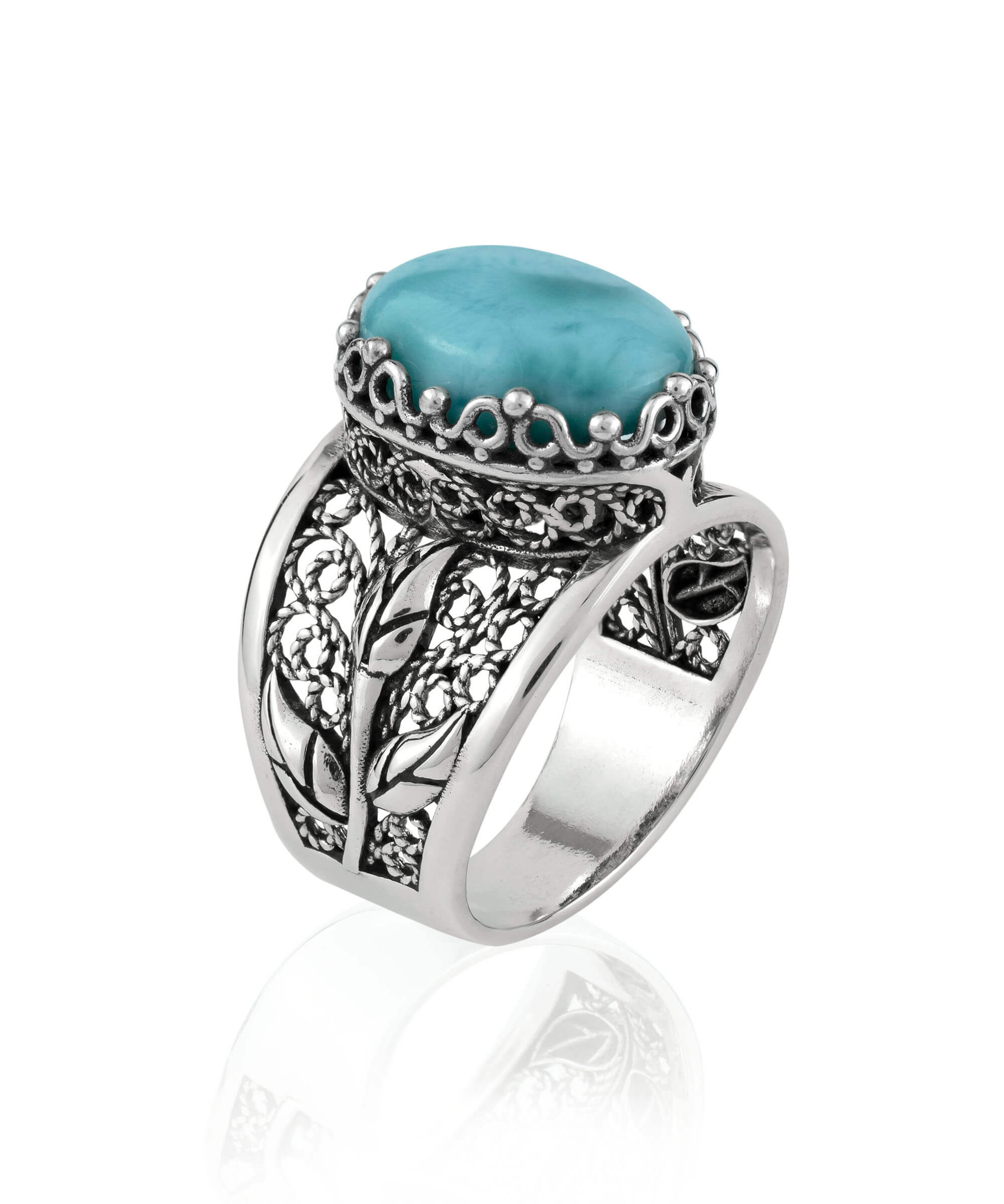 Elegant Filigree Art Larimar Gemstone Tulip Detailed Silver Women Statement Ring showcasing intricate design and turquoise green stone.